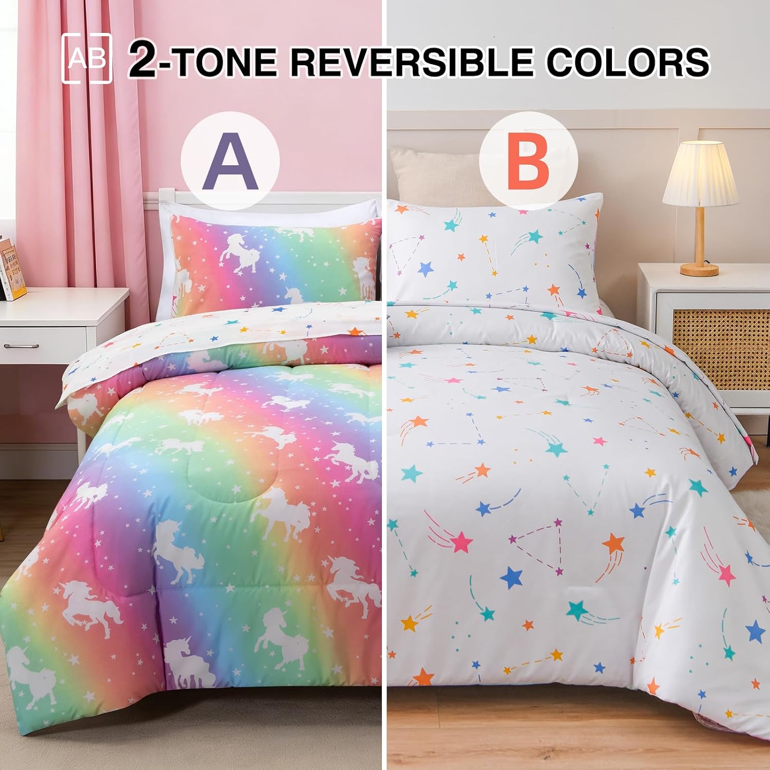 Aimuan Gradient Glitter Glow in the Dark Comforter Set Kids Unicorn Colorful Rainbow Galaxy Bedding Set Super Soft for Boys Girls Teen (Pink, Twin 5Pcs)