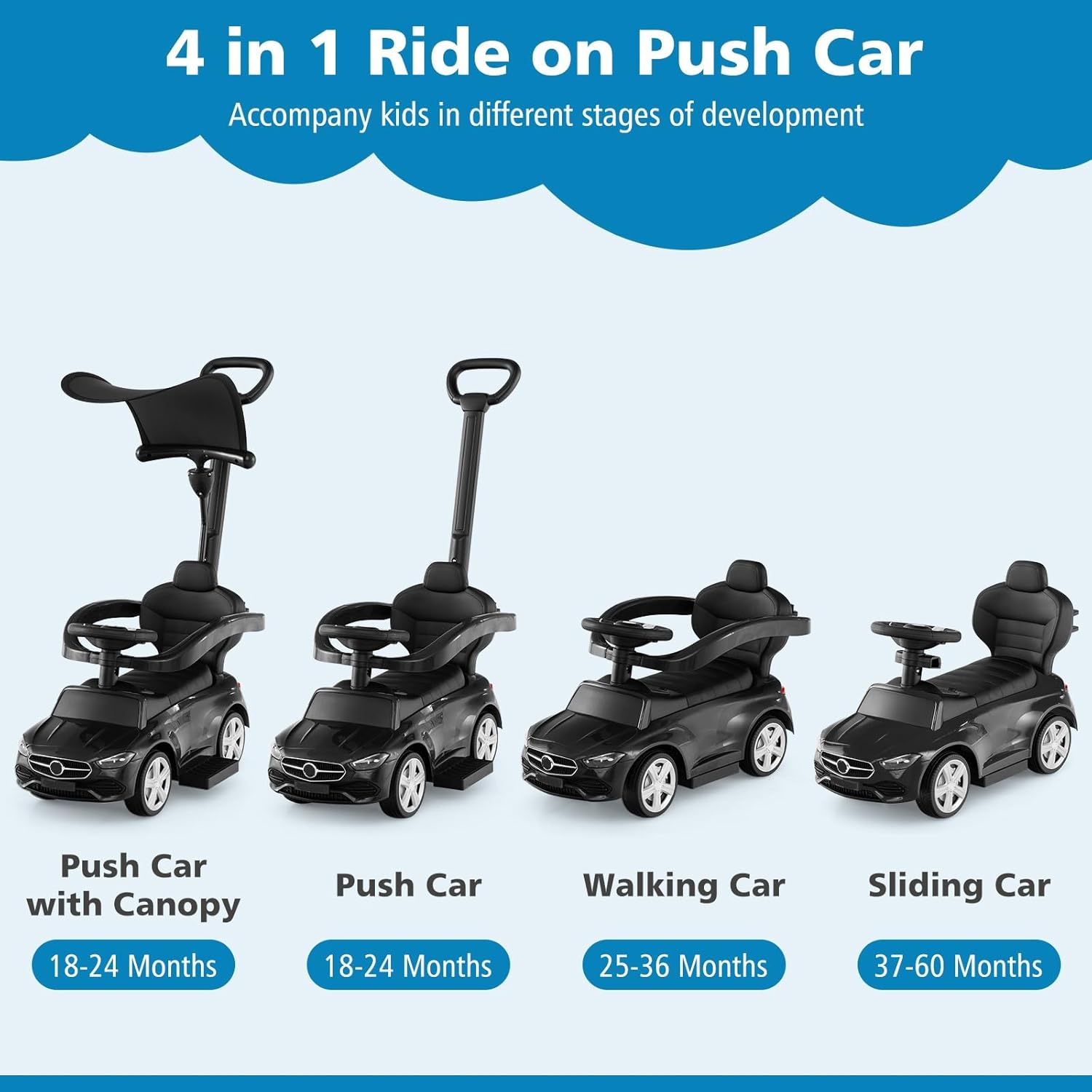 Licensed Mercedes Benz Push Car for Toddlers by INFANS, 3 in 1 Sliding Walking Car with Push Handle, Horn, Music, Underneath Storage, Foot-to-Floor Ride on Toys for Boys Girls, Black
