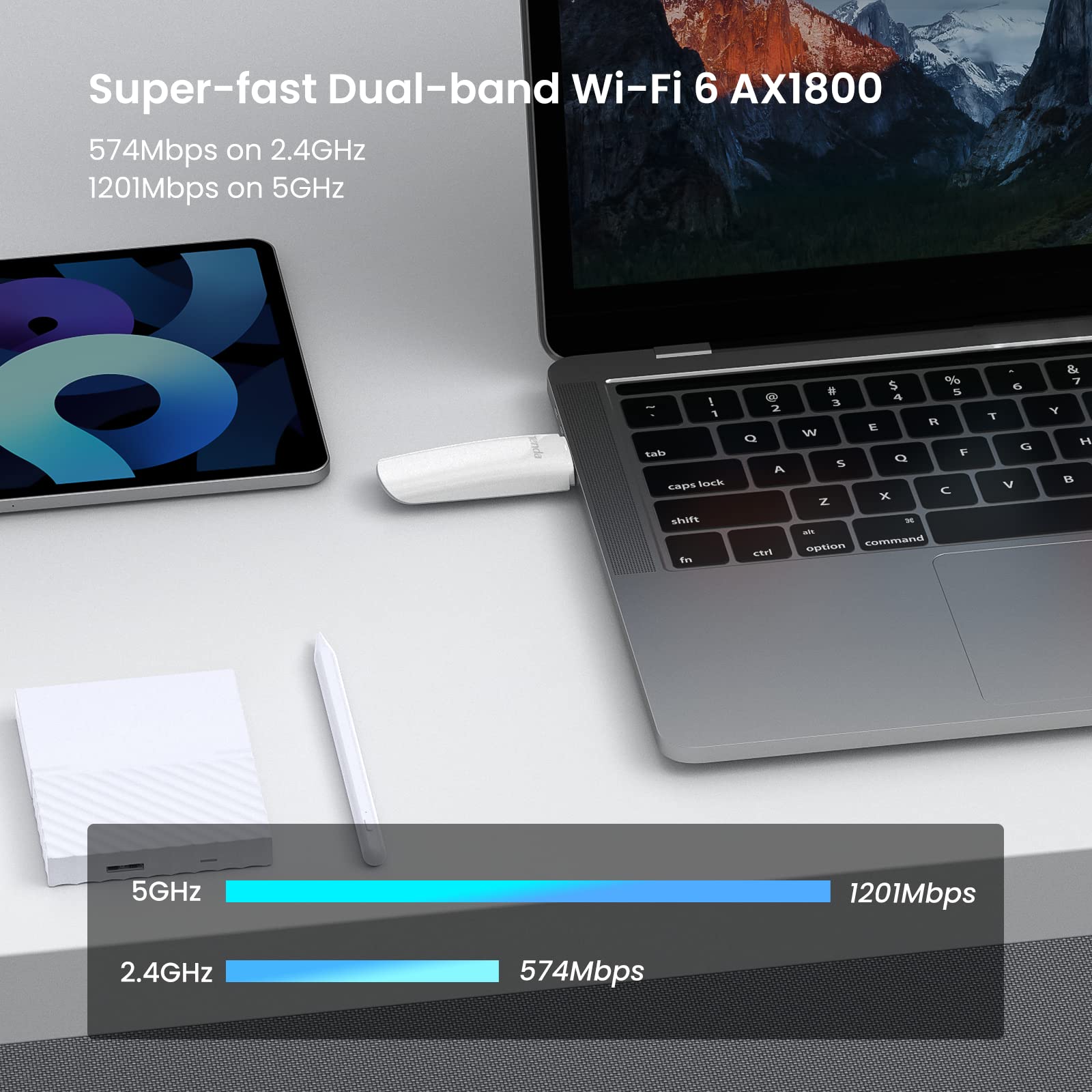 Tenda AX1800 Wi-Fi 6 Dongle – adapter Wi-Fi USB 3.0 – dwuzakresowy MU-MIMO 1800 Mb/s do komputerów stacjonarnych/laptopów – obsługuje tylko Windows 11 i 10 (U18)