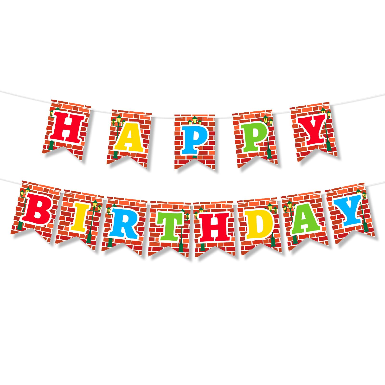 2pcs Red Brick Wall Themed Happy Birthday Party Banners, Pre-Strung Cartoon Street Themed Party Decoration Red Brick Banner for Birthday Celebration Supplies