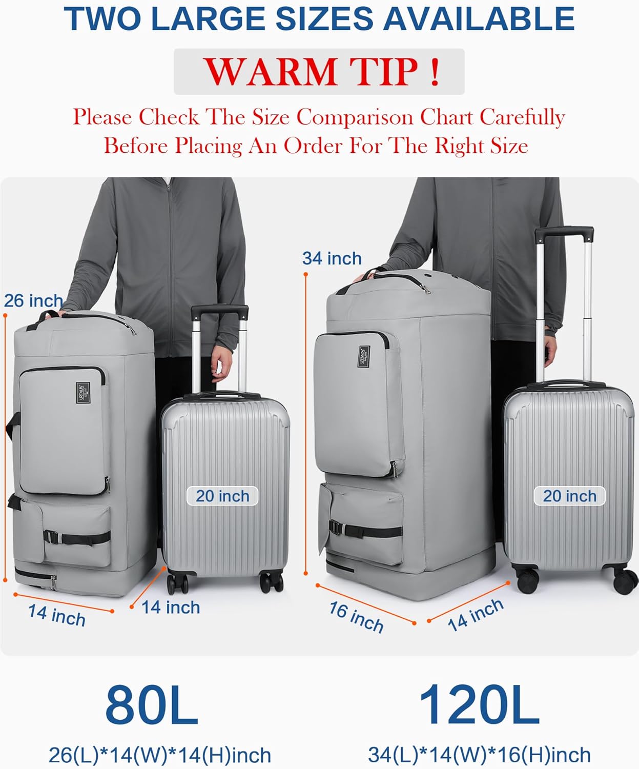 120L Travel Duffle Bag for Men and Women, Urtala 34” Large Duffle Bag for Traveling with Shoes Compartment, Foldable Travel Duffel Bags, Waterproof and Tear Resistant (Gray) - Image 3