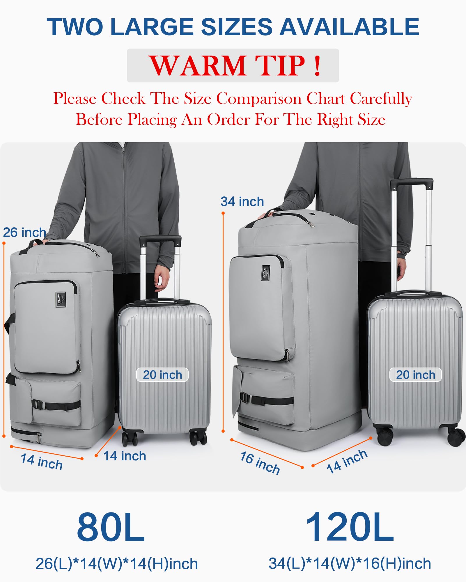 Borsone da viaggio per uomini e donne, grande borsone da viaggio da 86,4 cm, con scomparto per scarpe, borsone da viaggio pieghevole, impermeabile e resistente agli strappi (80 L, 120 L), Grigio, 80L