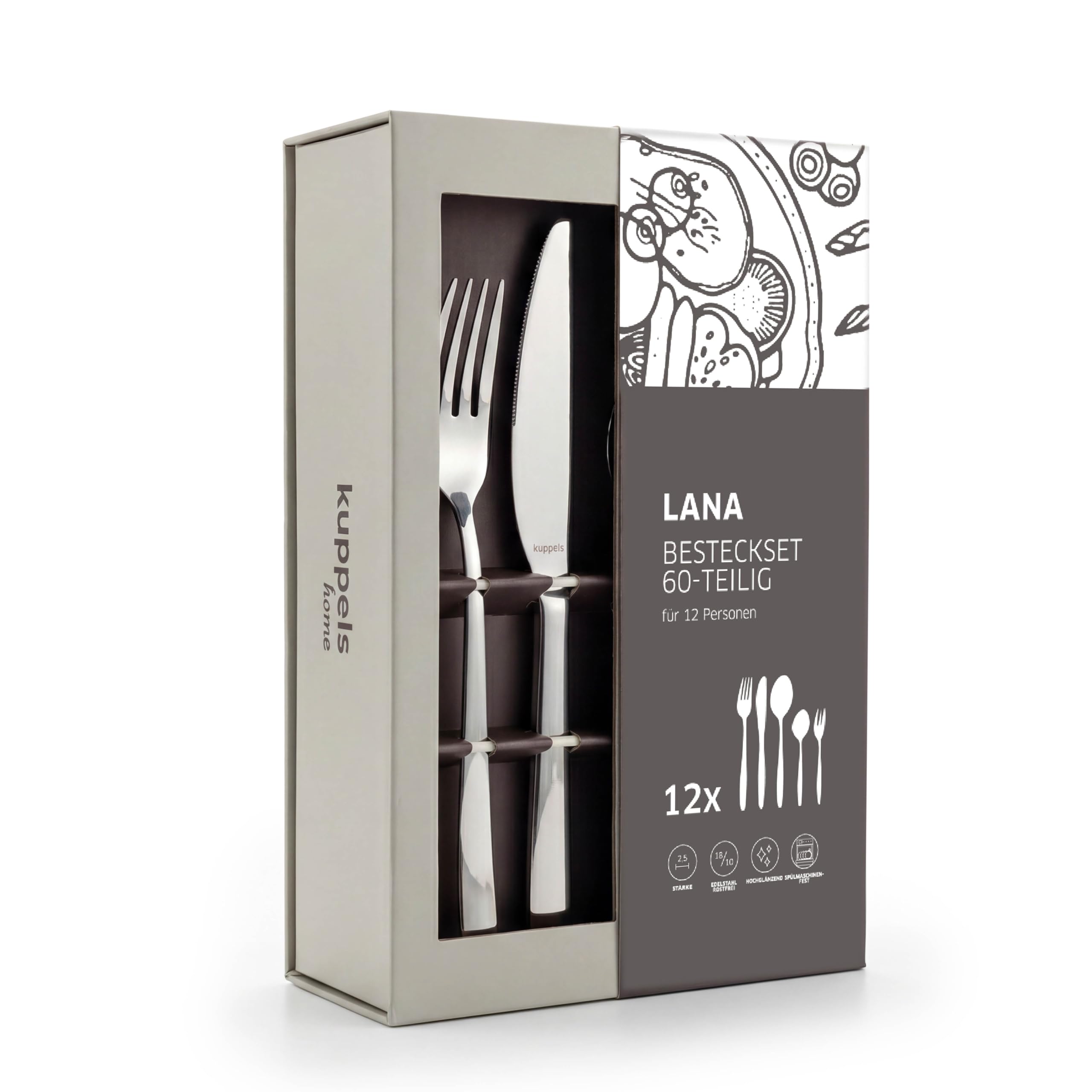 Kuppels Lana Besteck Set 12 Personen, 60-teilig - Silber | Besteckset, 18/10 Rostfrei Edelstahl, Messer, Gabeln, Löffel, Dessertgabeln und Kaffeelöffel, Cutlery Set
