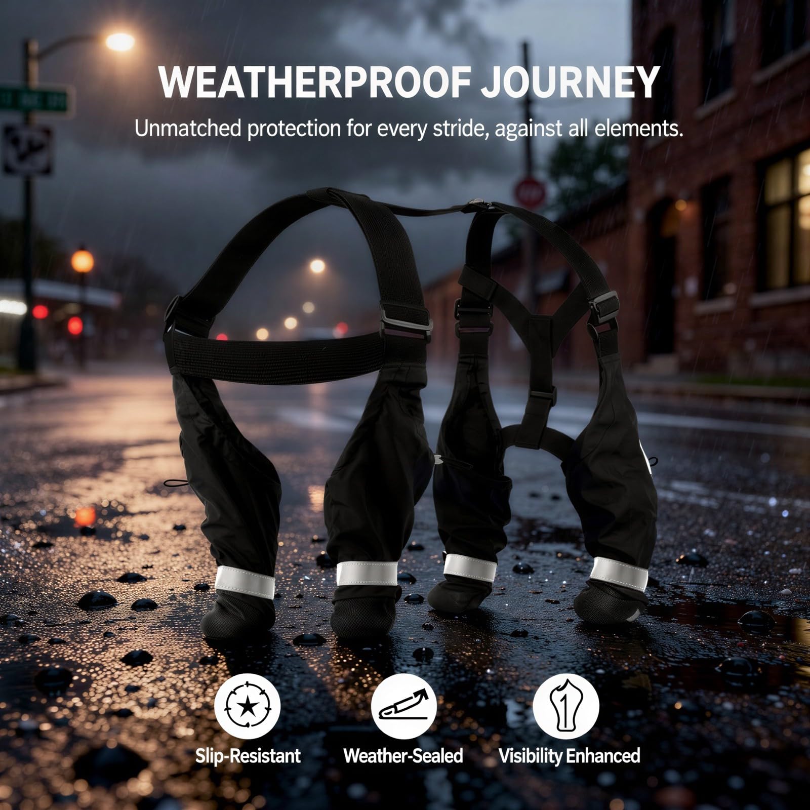 Stiefel mit Trägern für kleine Haustiere, wasserdichte Stiefel mit Trägern, reflektierende rutschfeste Schuhe für Regen, Schnee und Wanderungen, kompletter Beinschutz, Pfotenschutz, Schwarz, XS