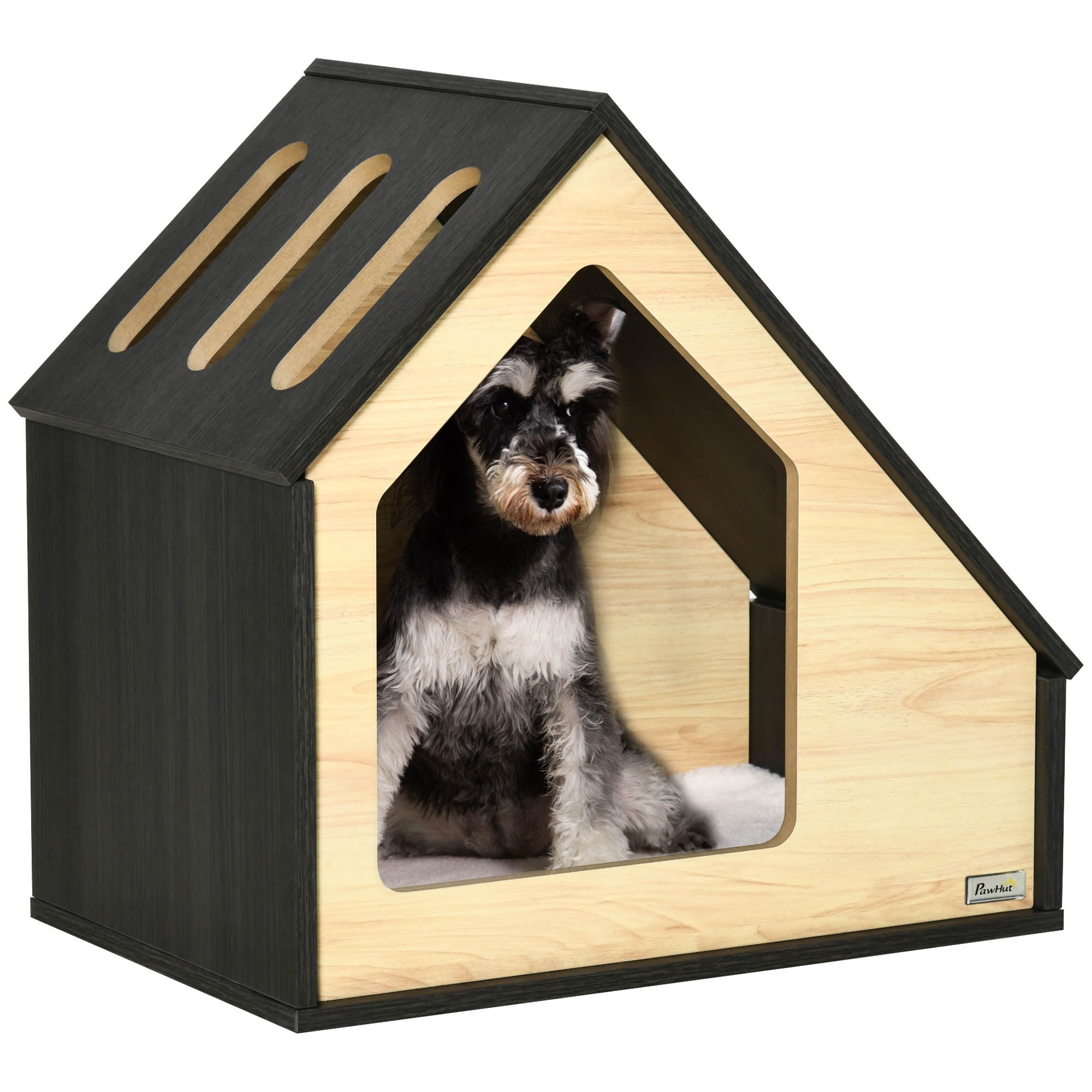 PawHut Caseta de Madera para Perros Casa para Perros con Cojín Desenfundable Lavable y 3 Ventilaciones para Uso Interior 60x40x59,2 cm Roble y Marrón Oscuro