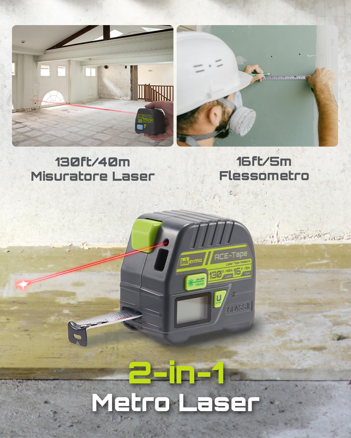 Metro a Nastro Laser 2-in-1, Inkerma Strumento di Misurazione Laser 130Ft/40m & Metro a Nastro 16Ft/5m, Misuratore Laser Digitale con Display LCD, Unità M/In/Ft/Ft+In, Nastro Auto-bloccante