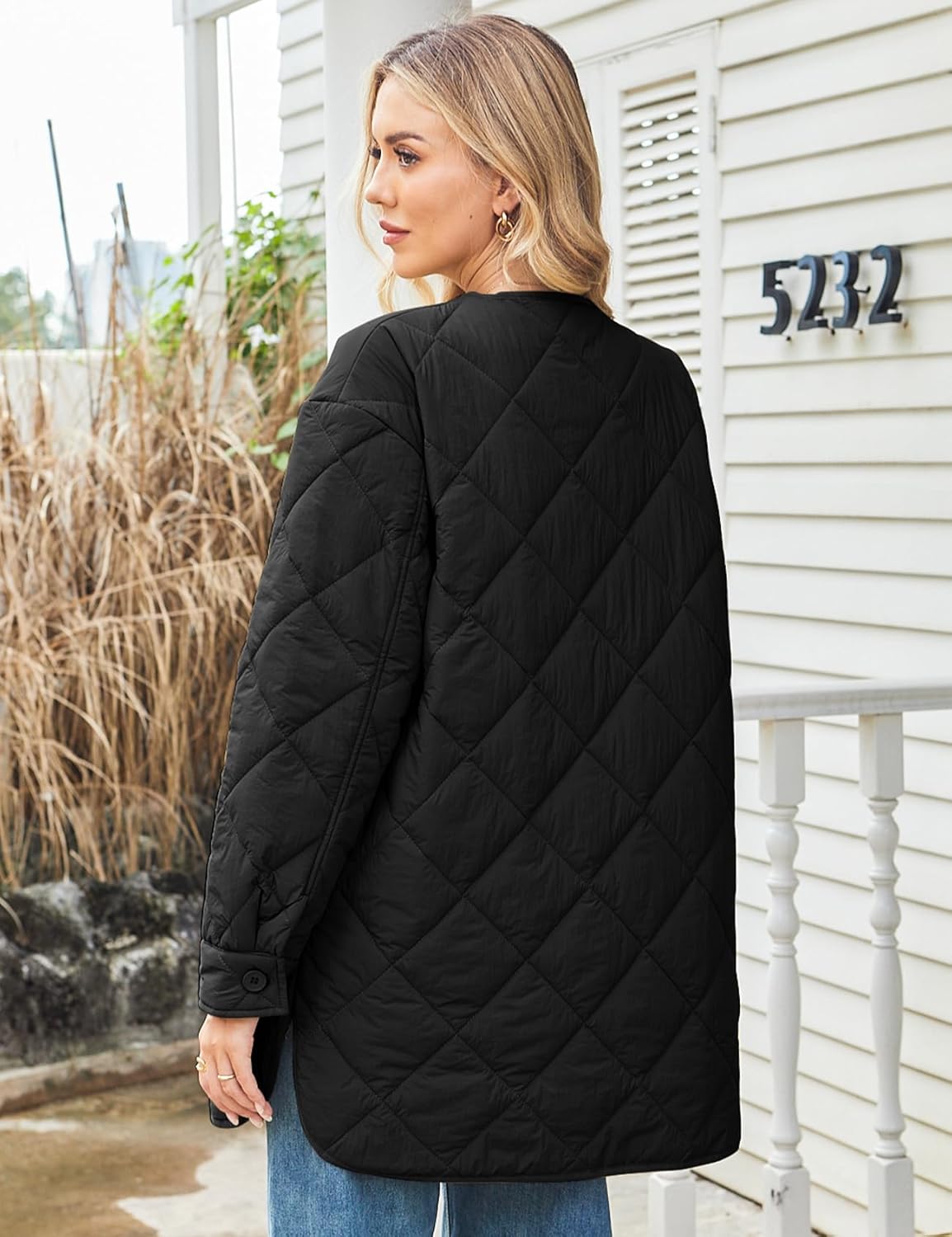 PEHMEA Women's Lightweight Quilted Puffer Jacket, Casual Long Sleeve Button Down Padded Coat with Pockets - Image 3