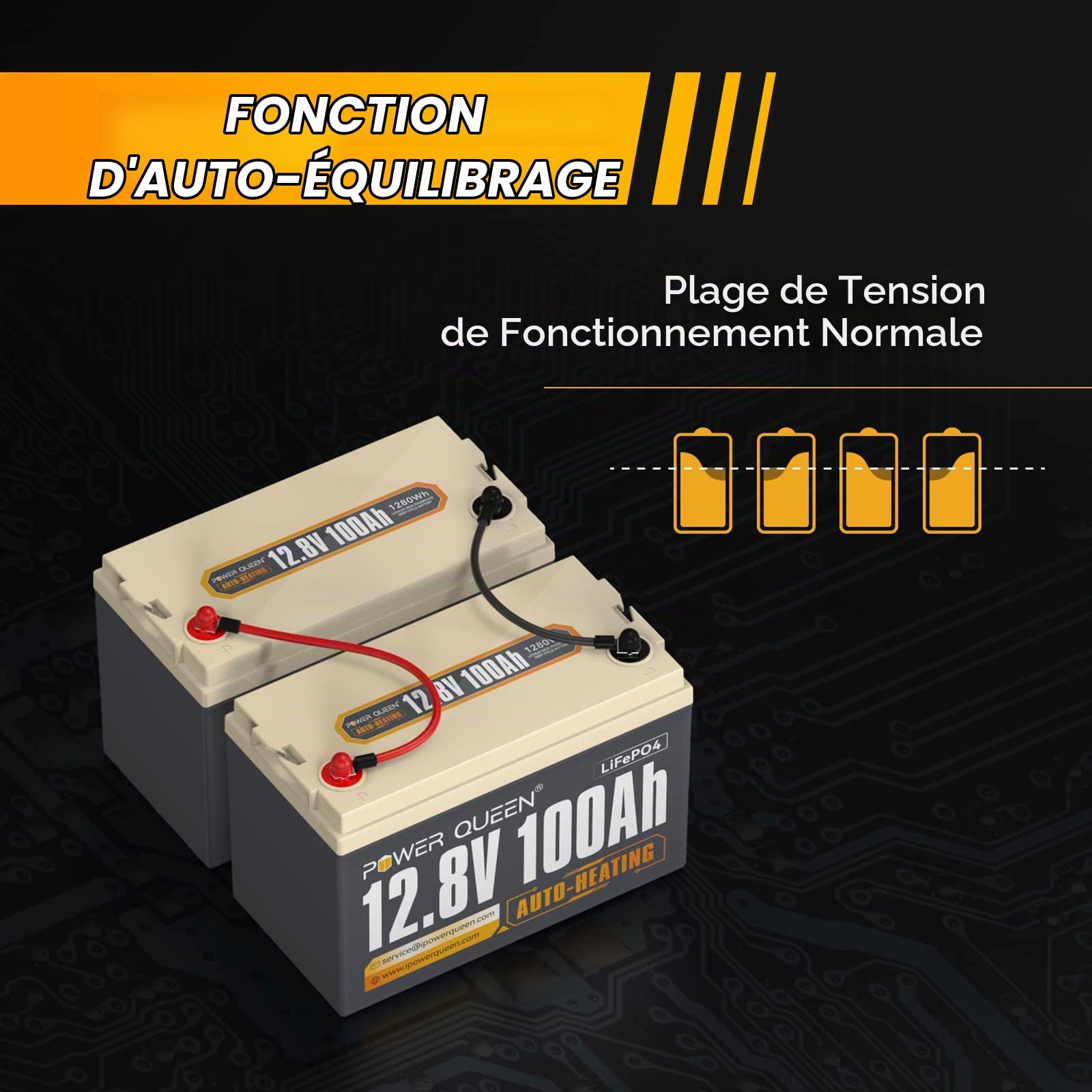 Power Queen 12V 100Ah Auto-Heating LiFePO4 Batterie, avec 100A BMS, Support Low Temp. 4°F/-20°C, batterie au lithium-fer avec 4000+ cycles, parfaite pour les camping-cars et les systèmes hors réseau.…