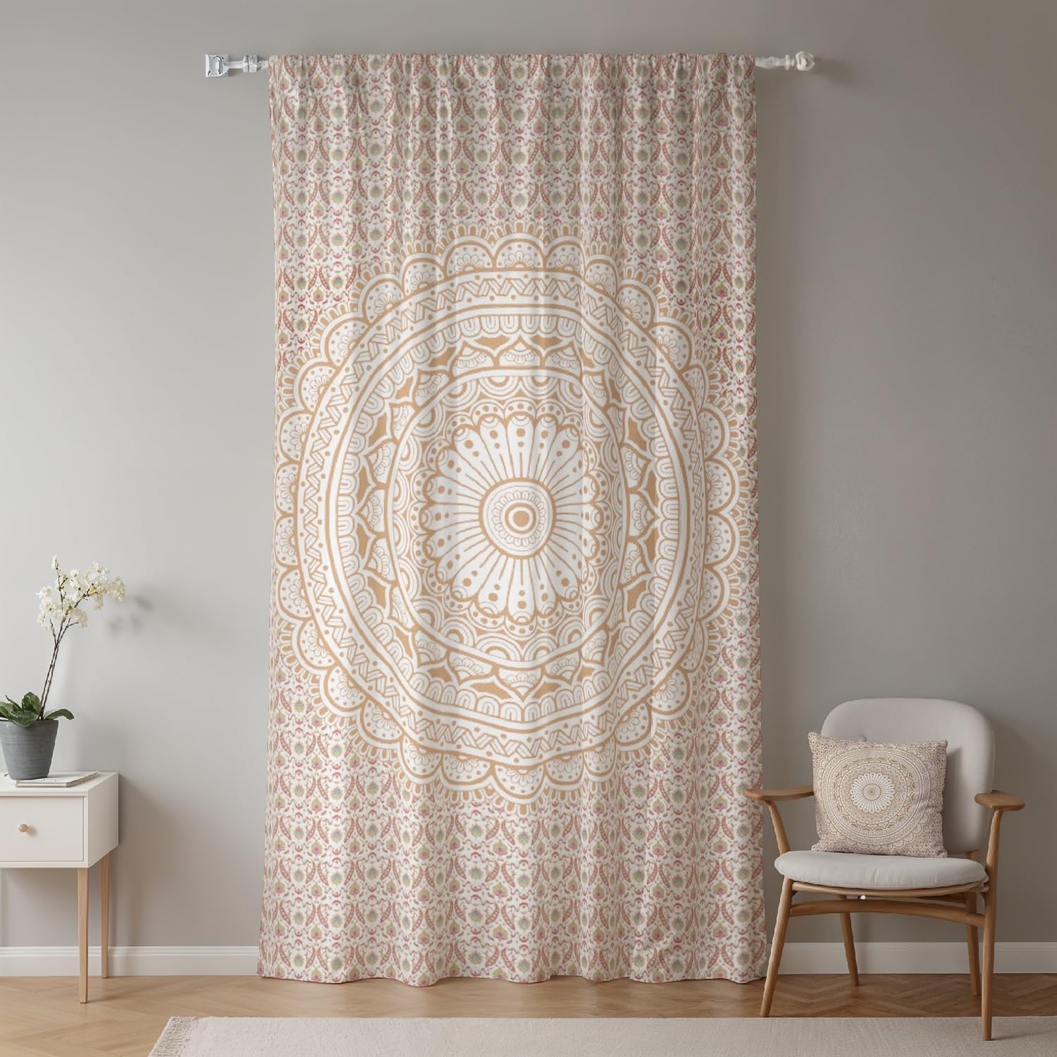 Rideau mandala bohème crème ombré tamisant pour fenêtre