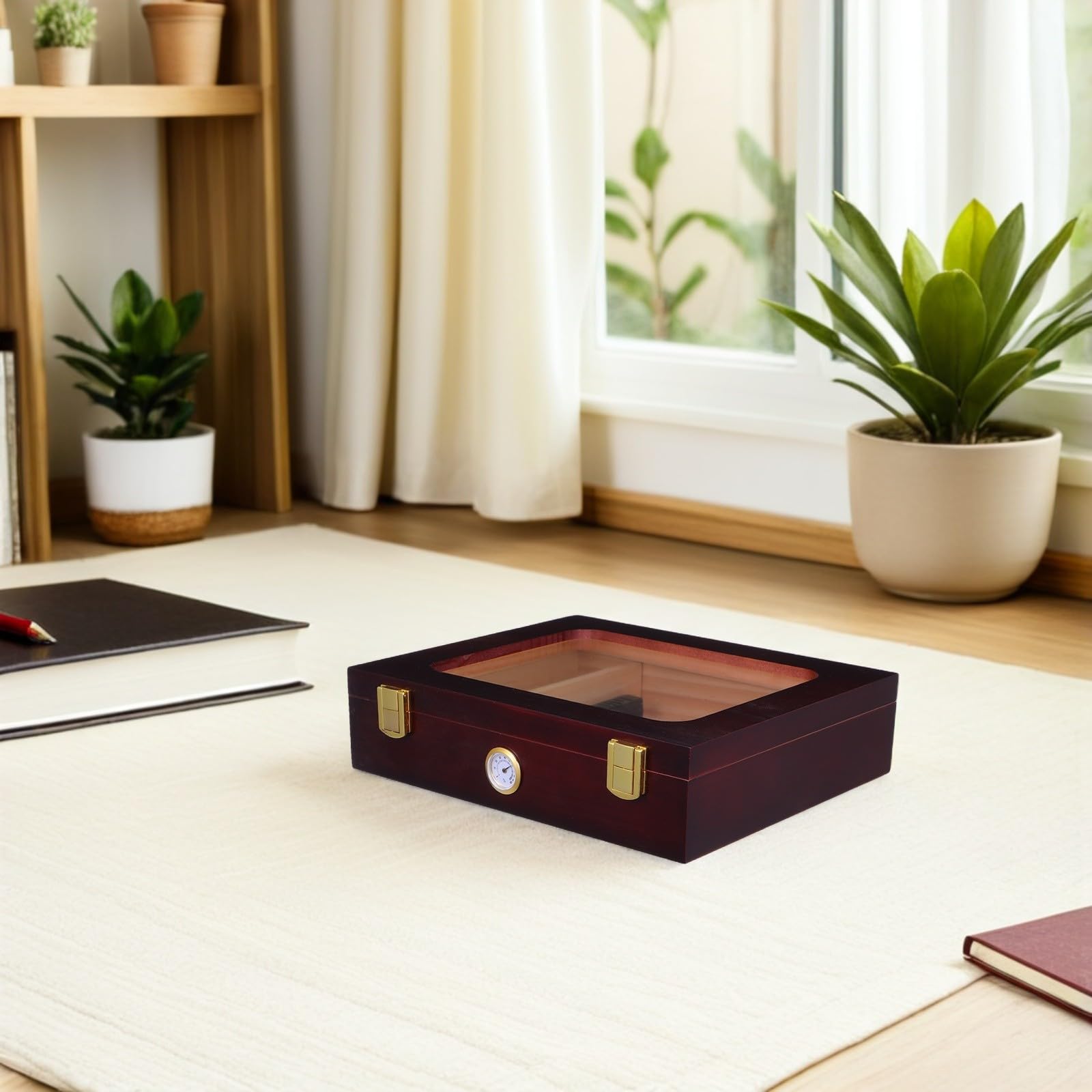 HOMSFOU Humidor Zigarren Elektrisch mit Präziser Feuchtigkeitskontrolle Glasdeckel und Hygrometer Braun Holz Zigarrenbox für Reise und Zuhause als Dekorative Zigarren Feuchtigkeitsbox