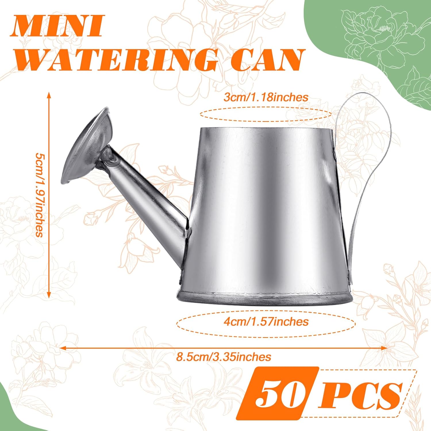Layhit 50 Pcs Mini Watering Can Miniature Galvanized Watering Pot Garden Water Can Mini Kettle for House Crafts Garden Ornaments Gardening Landscape Party Favors, 3.35 x 1.57 x 1.97 Inches, Silver