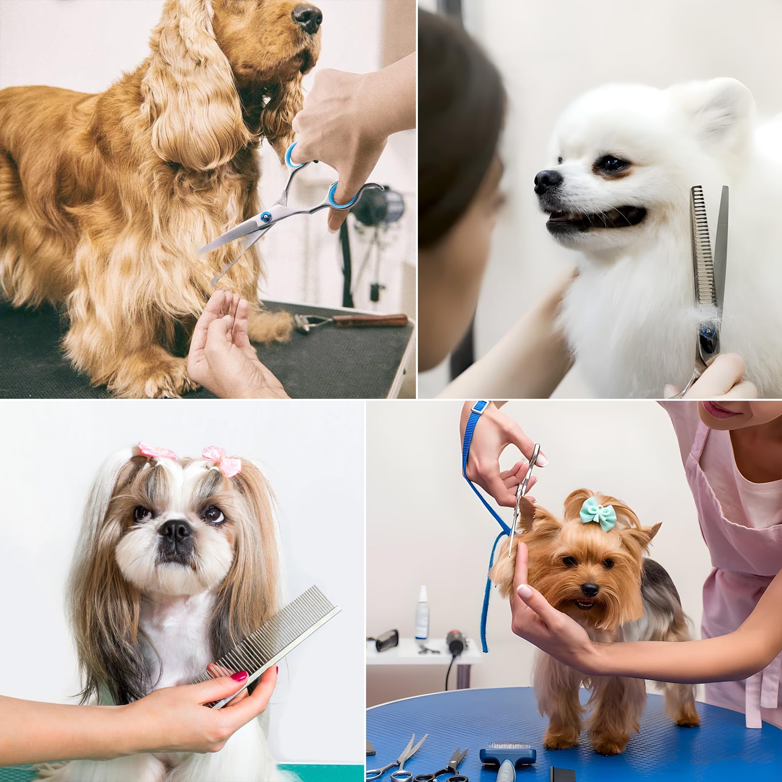 Hundeschere Set Profi 7PCS Hundeschere Gebogen Schere für Hunde Fellschere Gerade 7-In-1 Effilierschere Hund Trimmmesser Langhaar Hundekamm mit Taschen für Hunde Katze Tiere Hundefriseur Zubehör