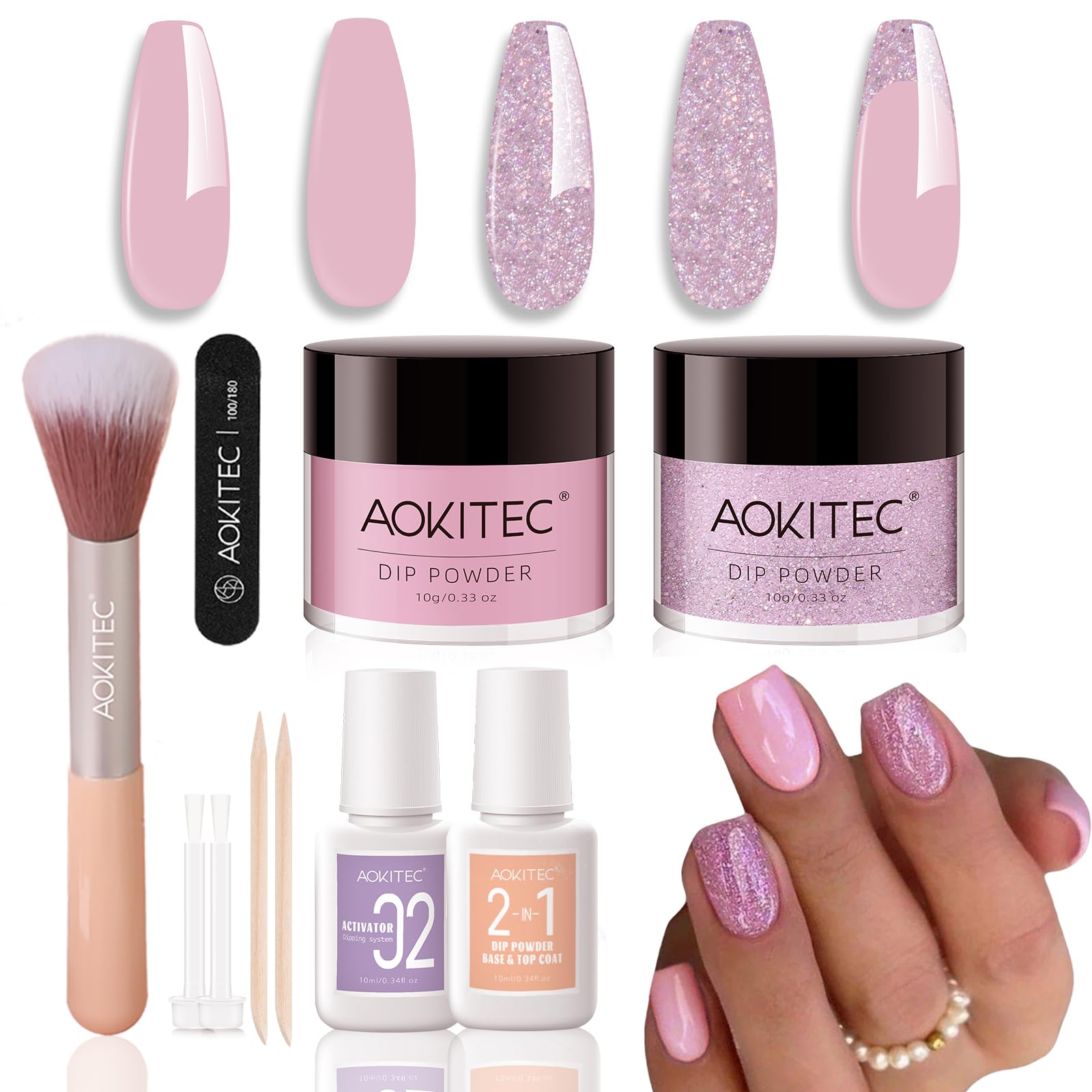 Aokitec Dipping Powder Nail Set – różowy i błyszczący proszek do dipów z płynną bazą do dip bazy, akcesoria do paznokci, zestaw do łatwego zabrania ze sobą, do samodzielnego wykonania paznokci