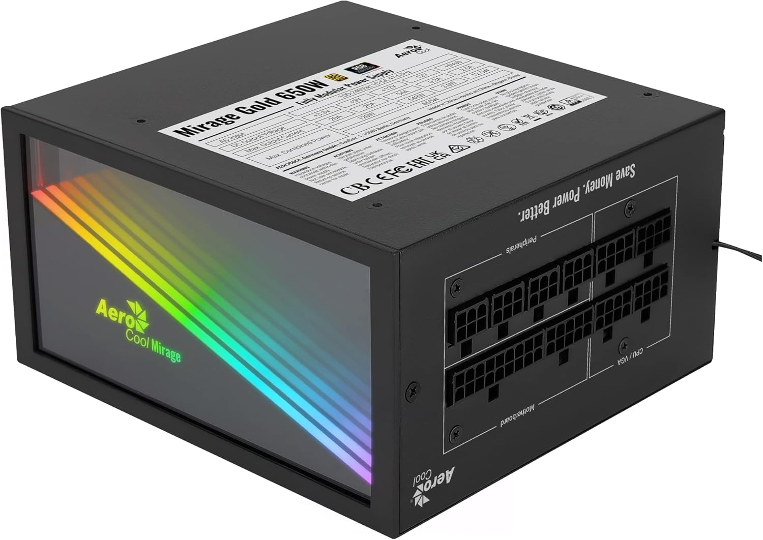 Aerocool MIRAGEGOLD 650W Fuente de Alimentación PC Modular RGB 80 Plus Gold, Condensadores Japoneses