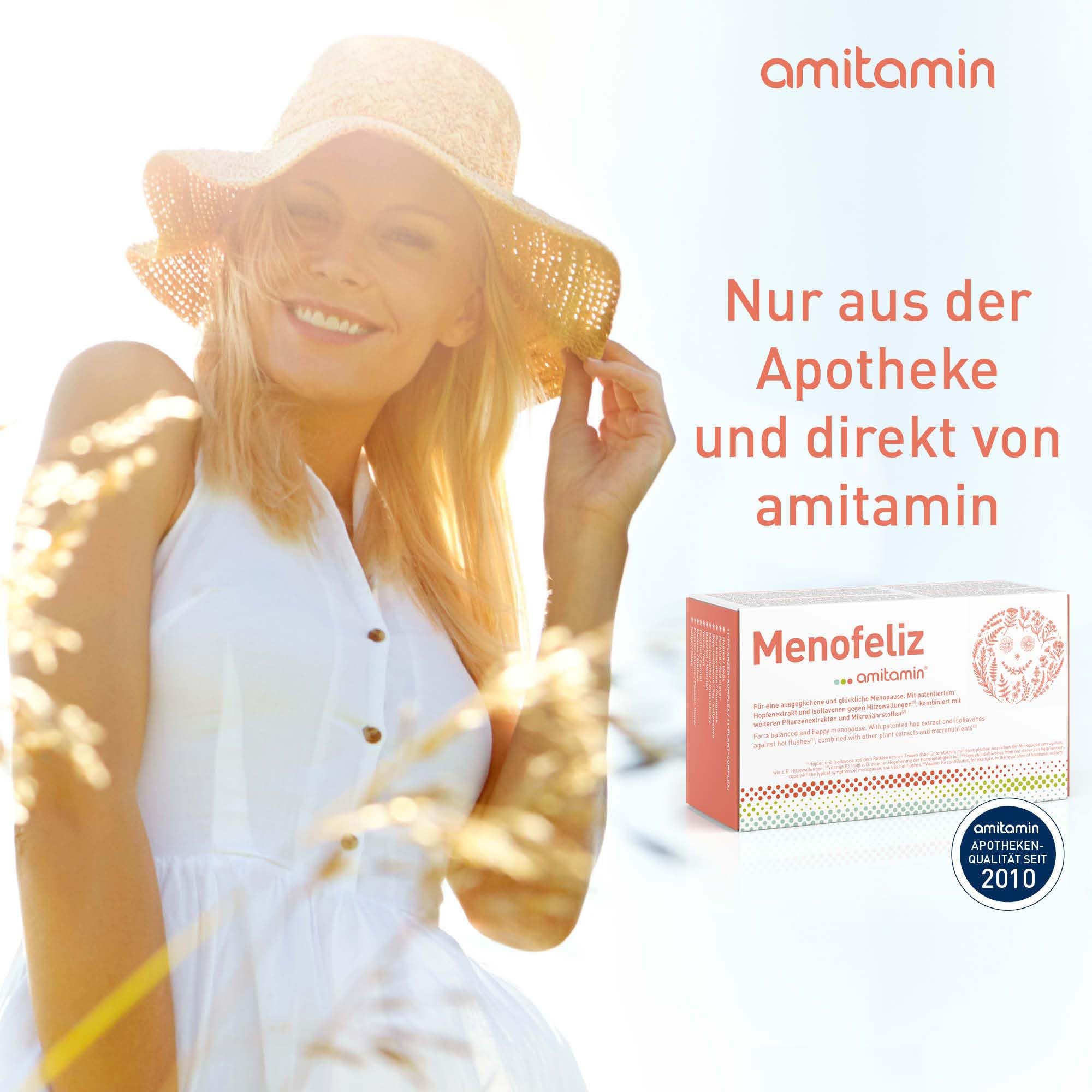 amitamin® Menofeliz – 60 Wechseljahre Kapseln – mit patentiertem Lifenol® Hopfenextrakt, Rotklee, Mönchspfeffer, Yamswurzel, Isoflavonen, B-Vitaminen, Magnesium, Kalzium – Vegan – Made in Germany