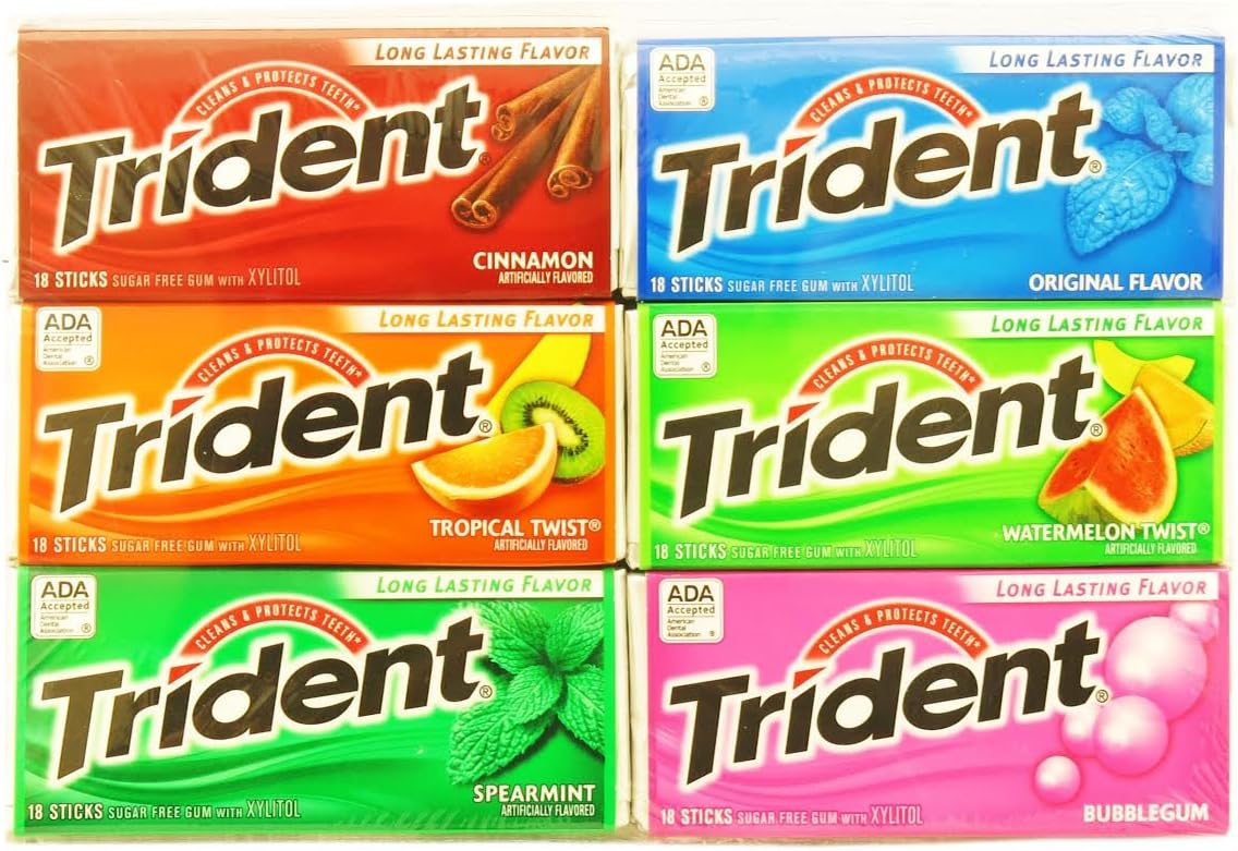 Trident Sugar Free Gum with Xylitol, 6 Flavor Variety Pack (18 Stick