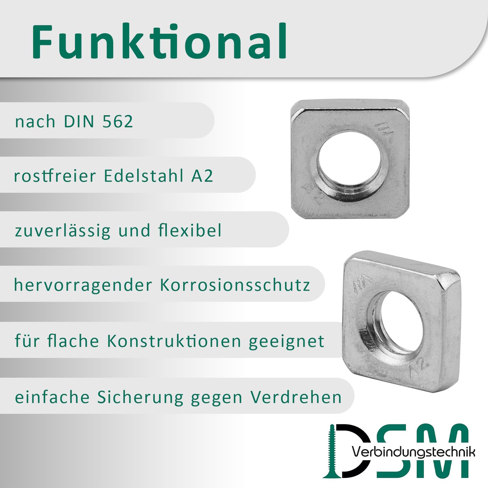 DSM | Dadi quadrati M5 secondo DIN 562 | forma bassa | Acciaio Inox A2/V2A - antiruggine e resistente alla corrosione | Dadi lisci, dadi quadrati, dadi di inserimento per profili scorrevoli, mobili