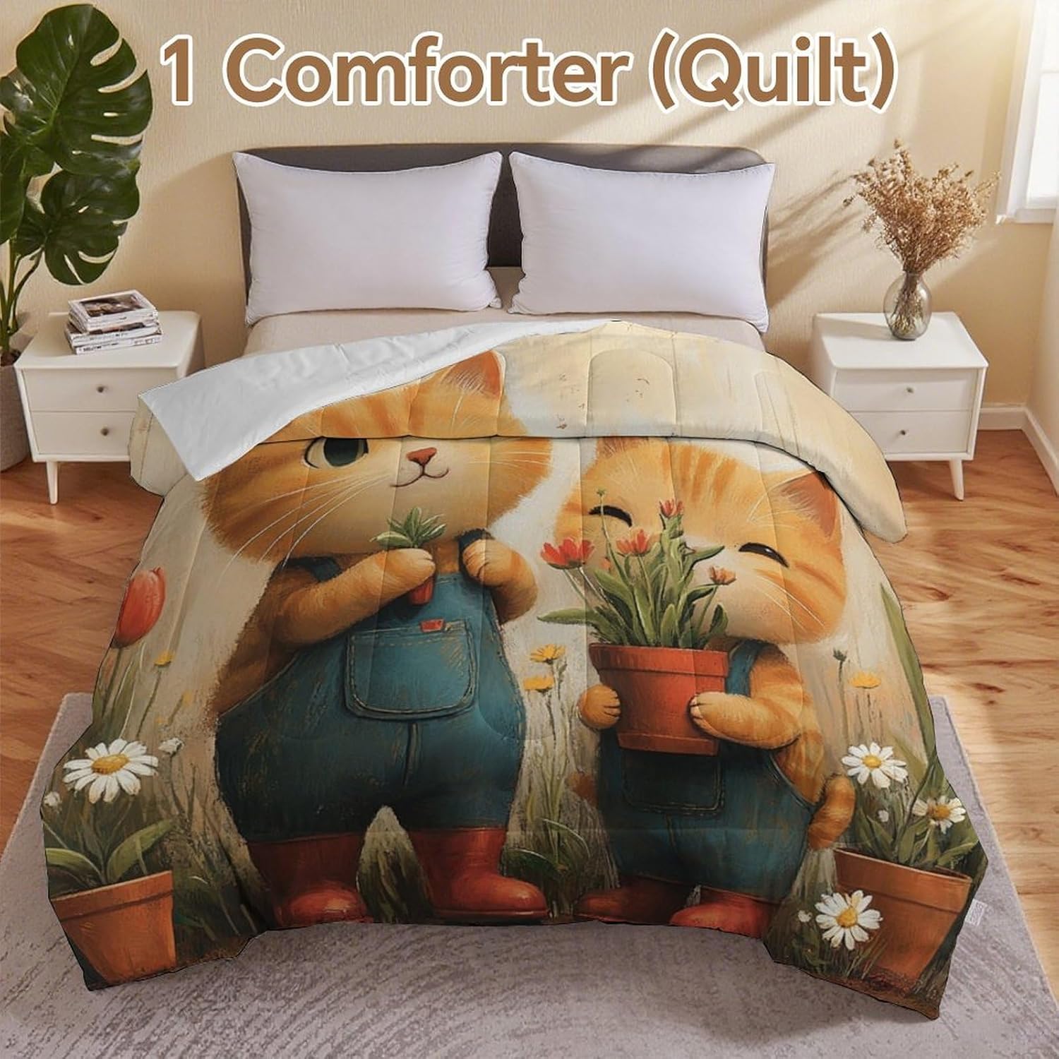 Cats in Garden Comforter Bedding Heavy Bed Blanket Soft Warm Fluffy All Seasons Only Quilt 155x220cm