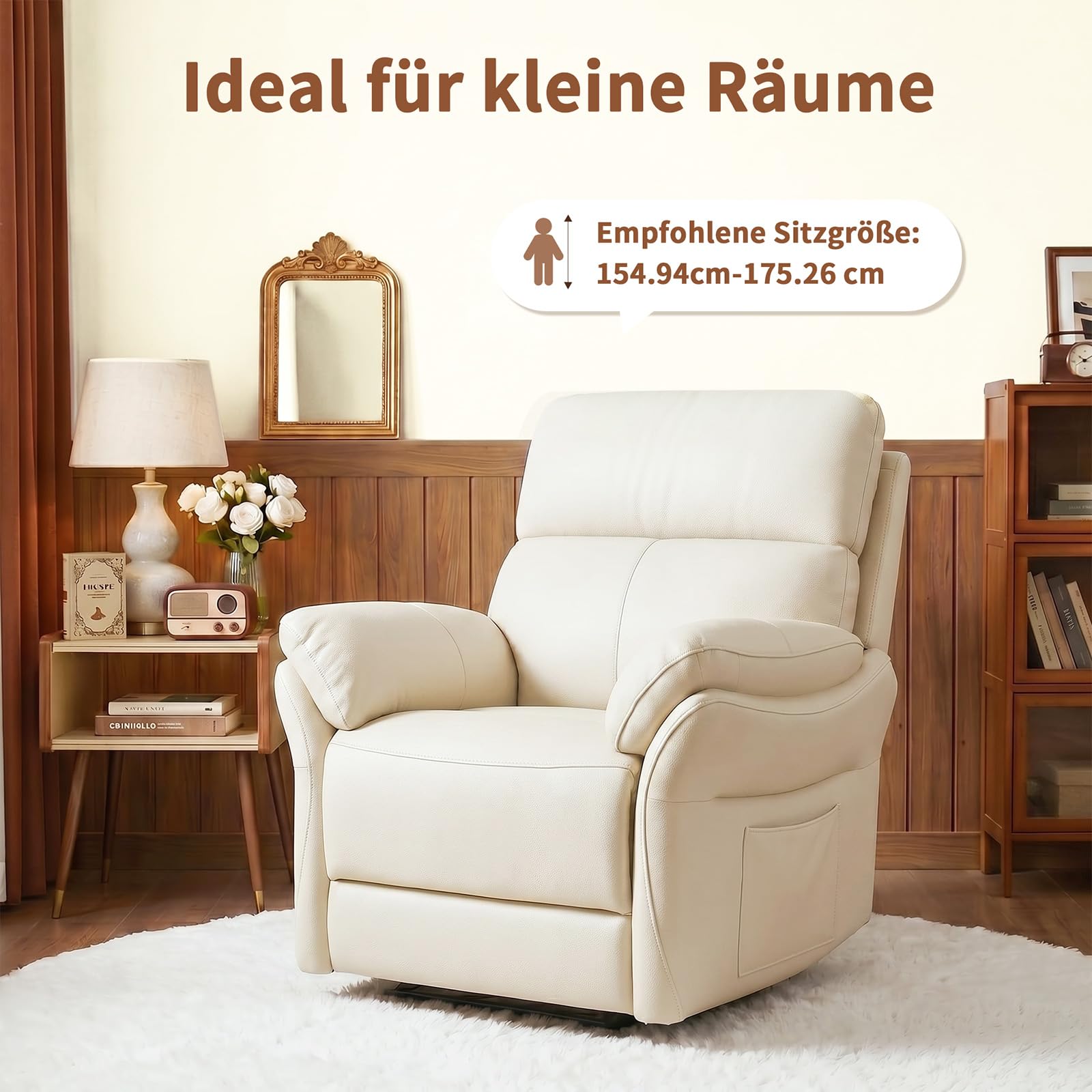 AIRSKY Relaxsessel Echtleder Fernsehsessel mit Liegefunktion Kinosessel Nickerchen Seniorensessel TV Sessel mit Schlaffunktion Manuell Verstellbar Liegesessel für Wohnzimmer Schlafzimmer,Beige