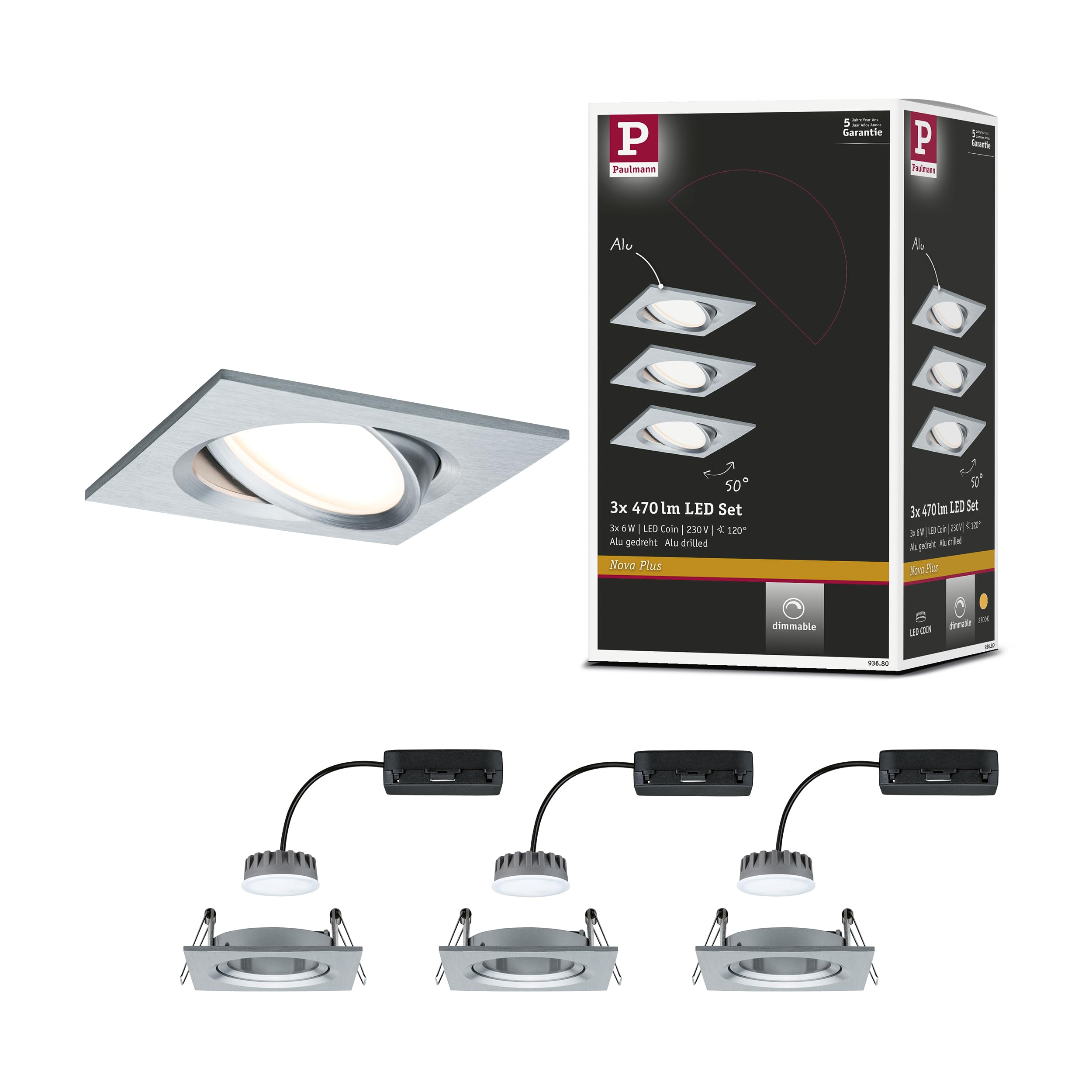 Paulmann Nova Plus 93680 - Set di 3 faretti da incasso a LED, rettangolari, orientabili, 3 x 6,8 W, dimmerabili, in alluminio, 2700 K