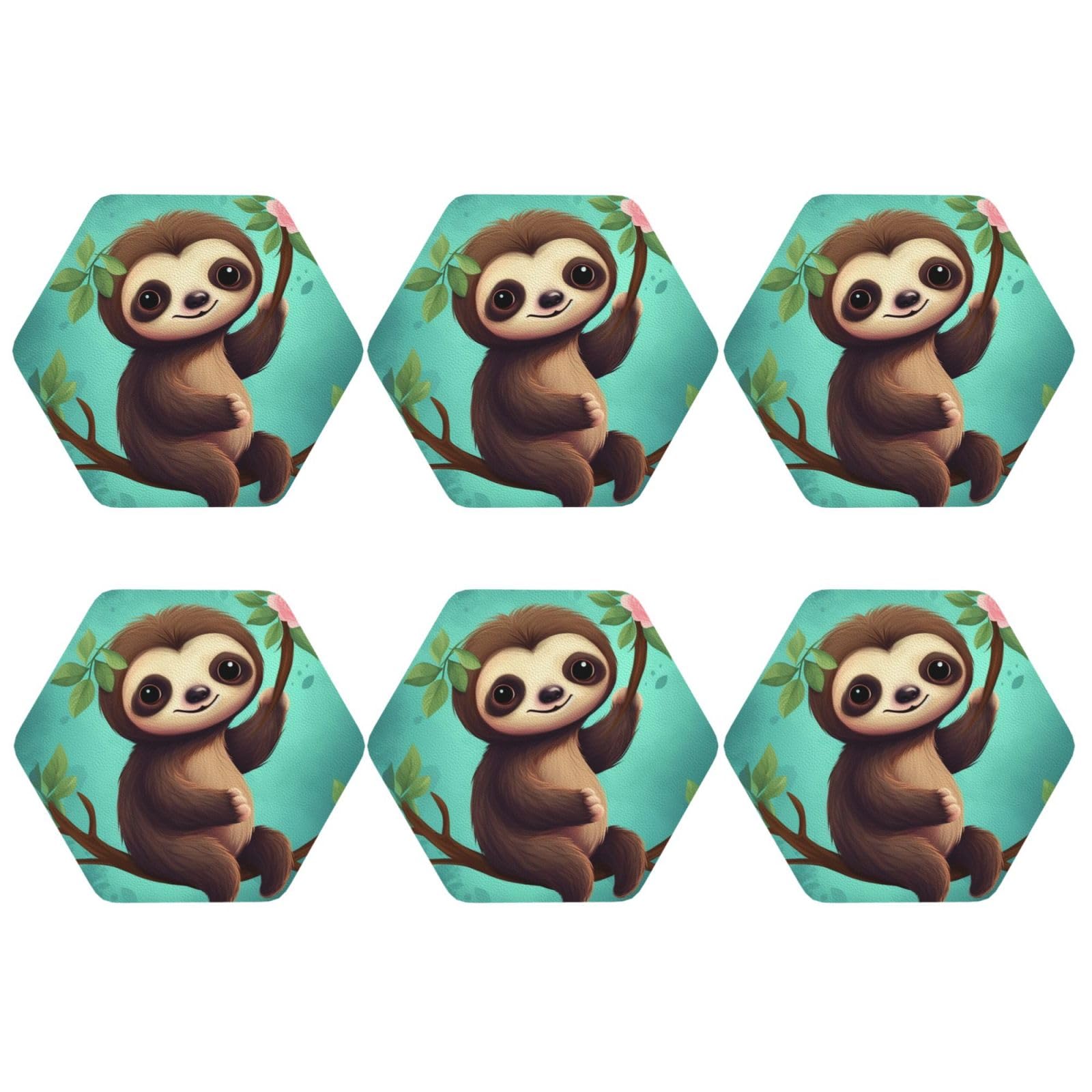 6pcs Leather Coasters for Drinks, Cute Sloth Drink Coasters for Tabletop Protection, 4" Cup Coasters for Coffee Table Decor, Non-Slip Drinking Cup Mat for Hot Or Cold Drink