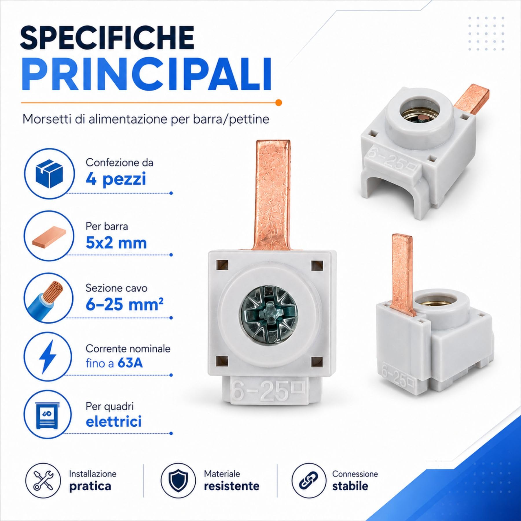 20 Pezzi Morsetti di Alimentazione per Pettine Quadro Elettrico, Terminali di Derivazione per Barra di Alimentazione, Sezione Cavo 6-25mm², Pin 4X2mm, Max 63A