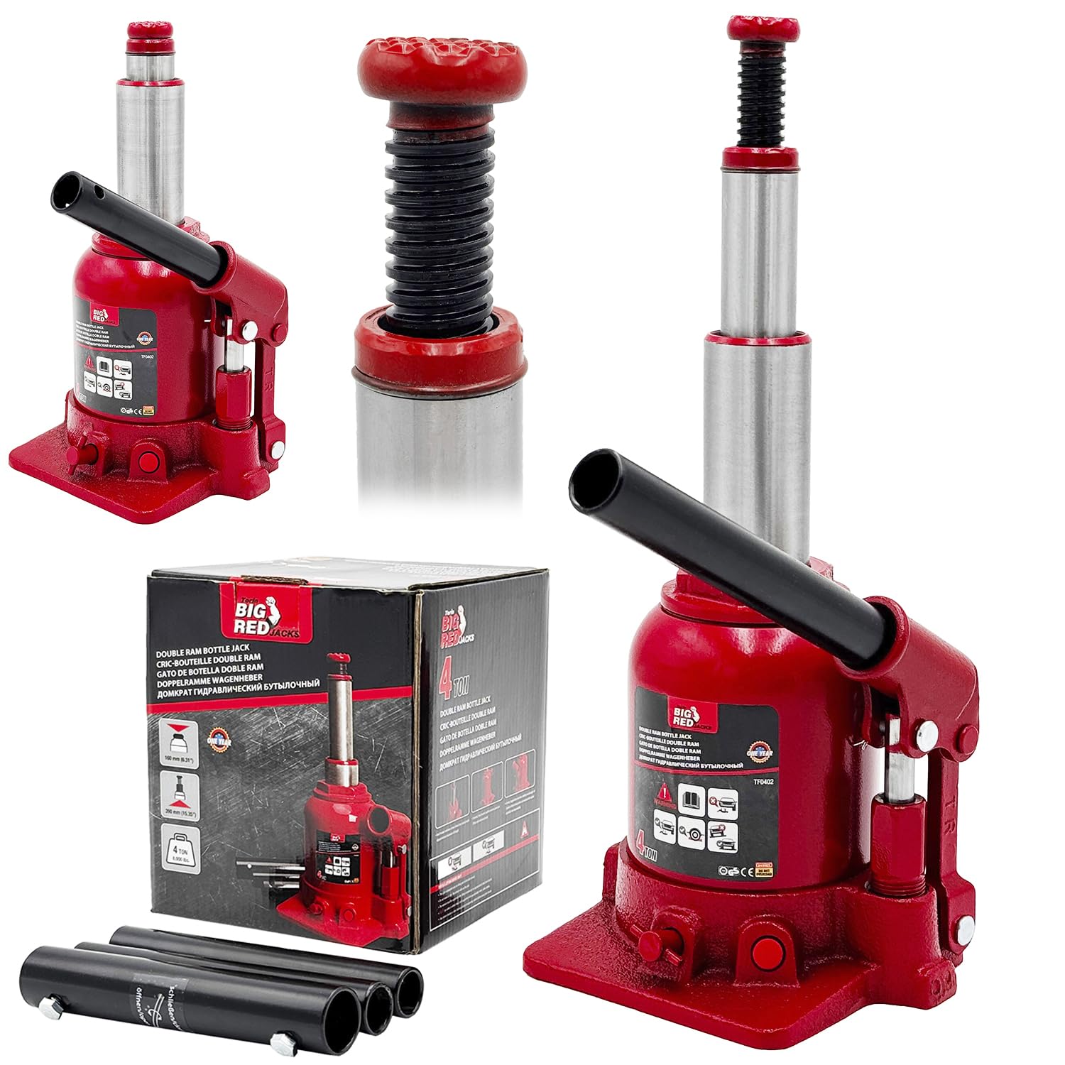 Torin Big RED 4T Hydraulischer Wagenheber (160-390mm) Stempelwagenheber Autoheber Doppel-Ram niedriges Profil Double Ram Bottle Jack für Werkstatt und Garage