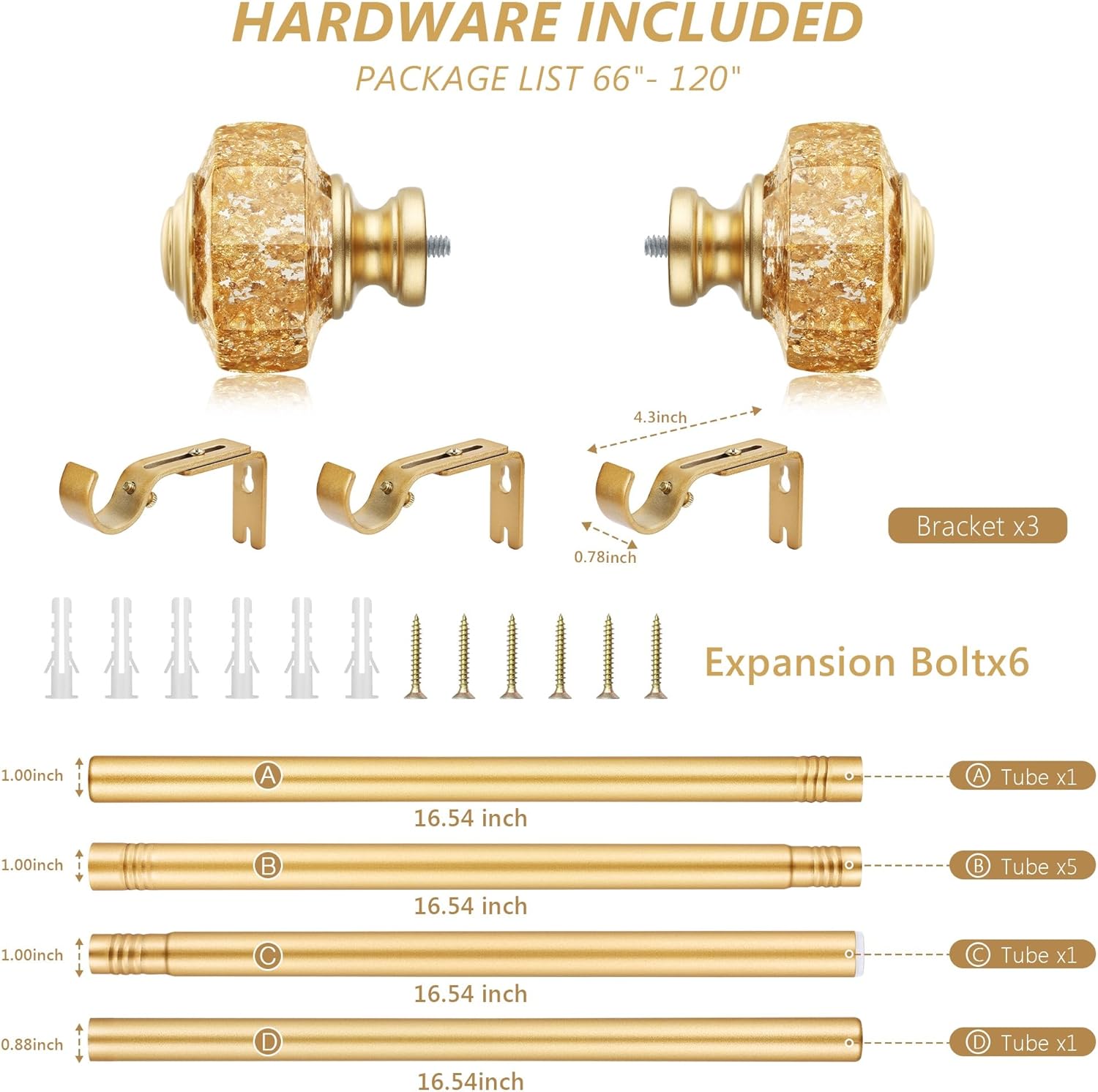 Gold Curtain Rods for Windows 66 to 120 Inch, 1 Inch Adjustable Telescoping Drapery Rod with with Translucent Gold Foil Finials, Window Treatment Single Curtain Rod Set