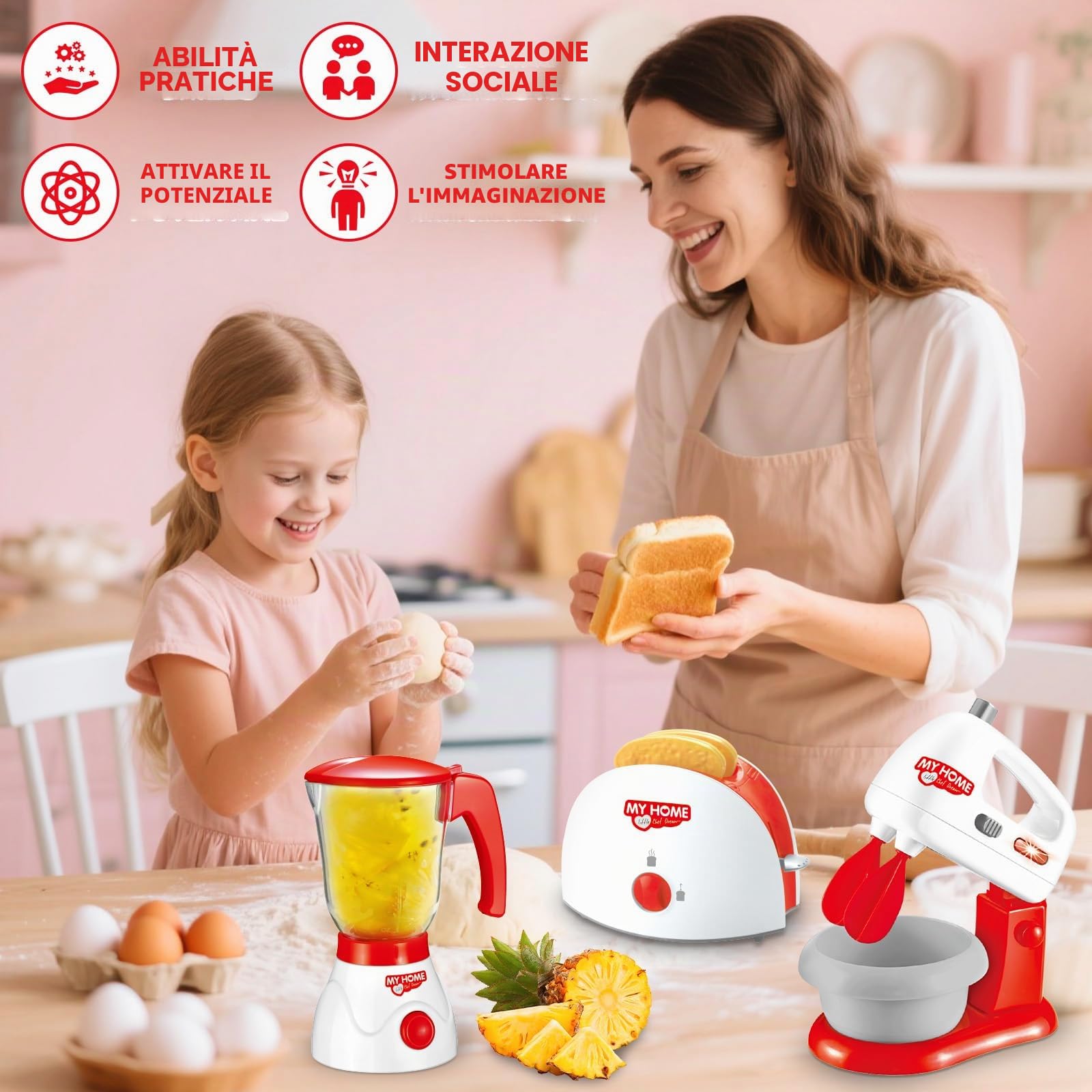deAO Kit da Cucina con Mixer, Frullatore, Tostapane, con Luci e Suoni