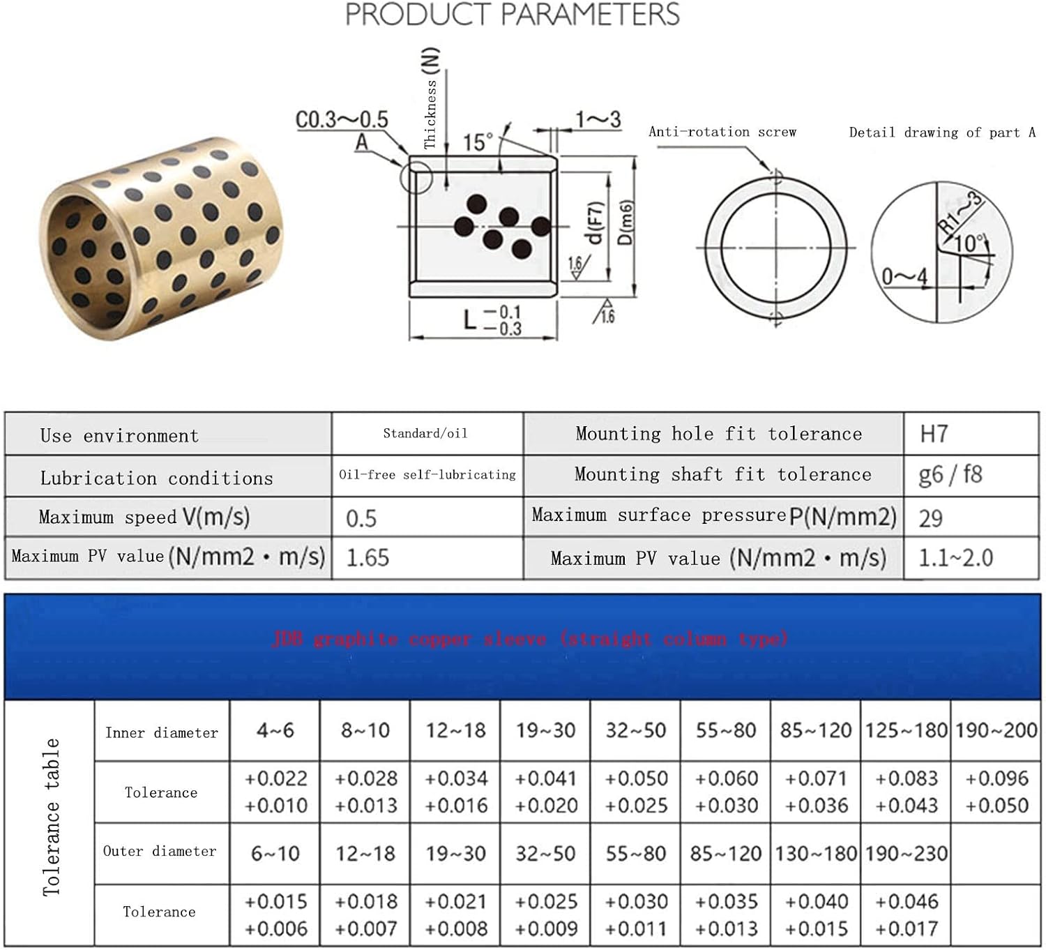 グラファイト銅スリーブ*1個 JDBタイプオイルフリー自己潤滑グラファイト銅ブッシング、内径50mm、外径55mm、ベアリングストレ