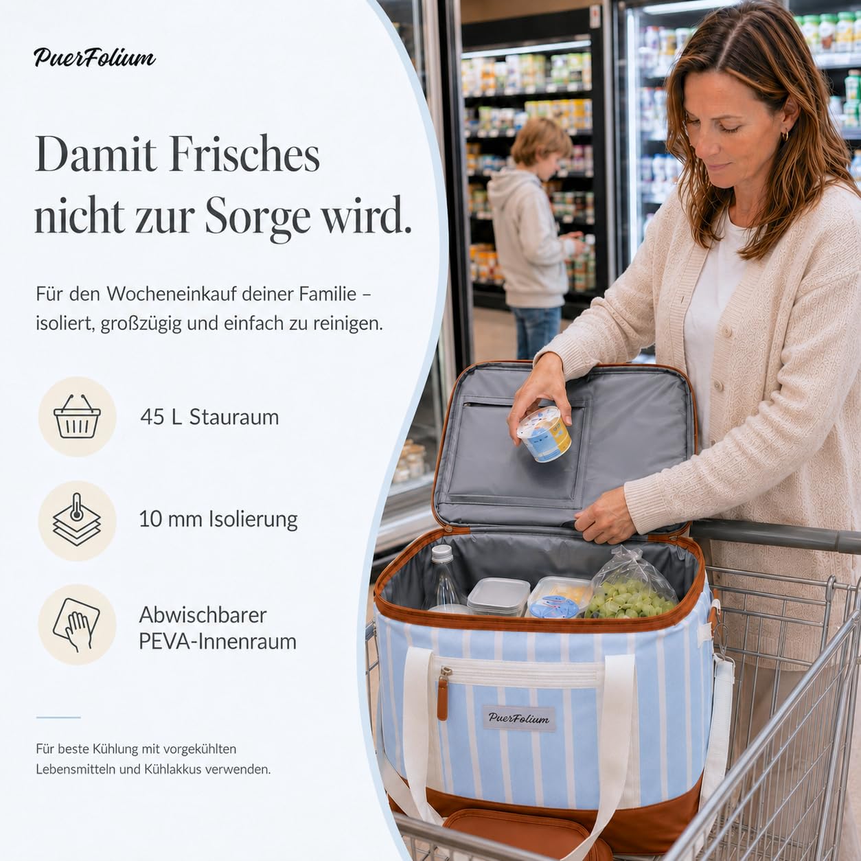 Borsa frigo grande, 45 l, XXL, borsa frigo per picnic, shopping, spiaggia, auto, campeggio, outdoor, viaggi, borsa termica passiva, borsa termica con patta superiore, pieghevole, stile