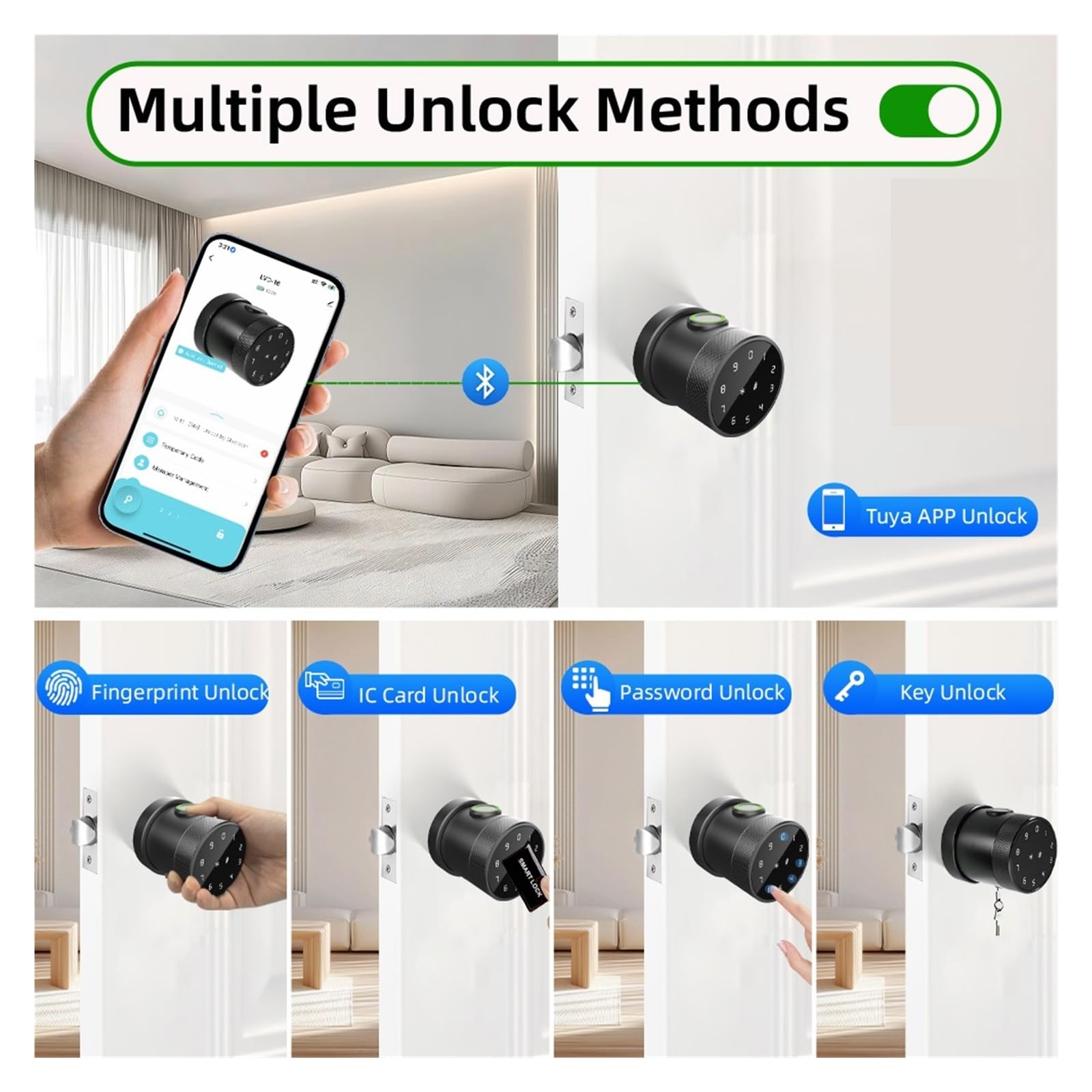 L16A Bluetooth Smart Fingerabdruck-Riegelschloss, schlüssellos, runder Knauf (Silber)