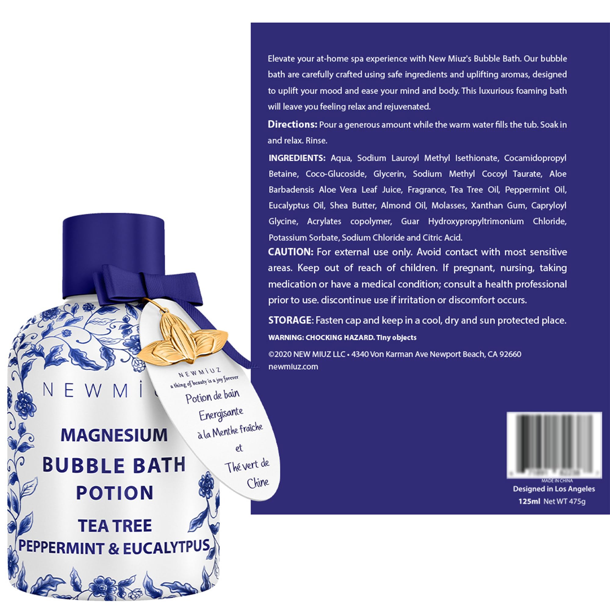 Magnesium Bubble Bath Long Lasting Foam for Sore Muscles Recovery Tea Tree Peppermint Eucalyptus Relaxing Stress Relief Calming Self Care Spa Gift