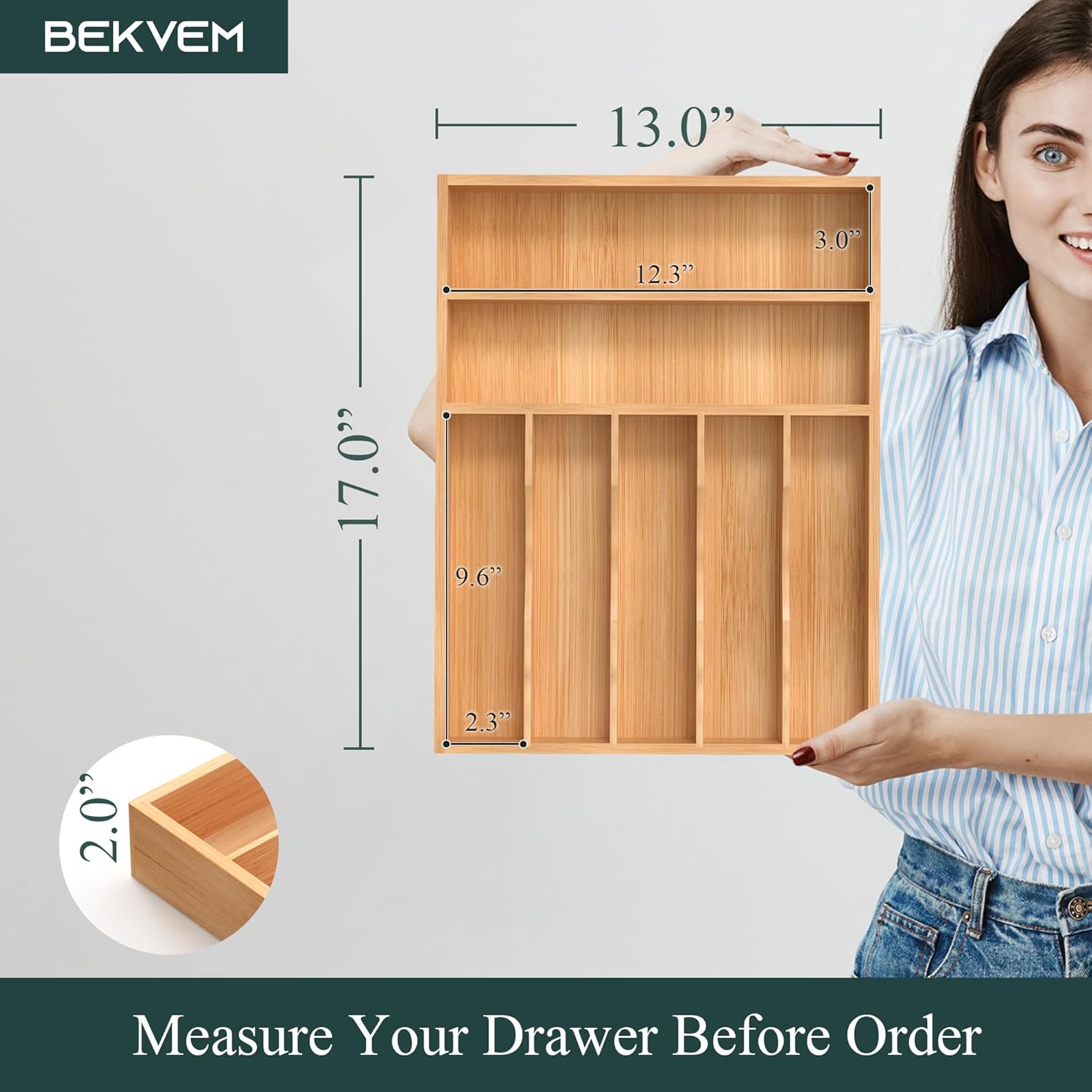 Silverware Organizer, Bamboo Kitchen Drawer Organizer, Utensil Holder, Cutlery Tray & Spoon Flatware Storage with Grooved Drawer Dividers (13''W x 17''D)