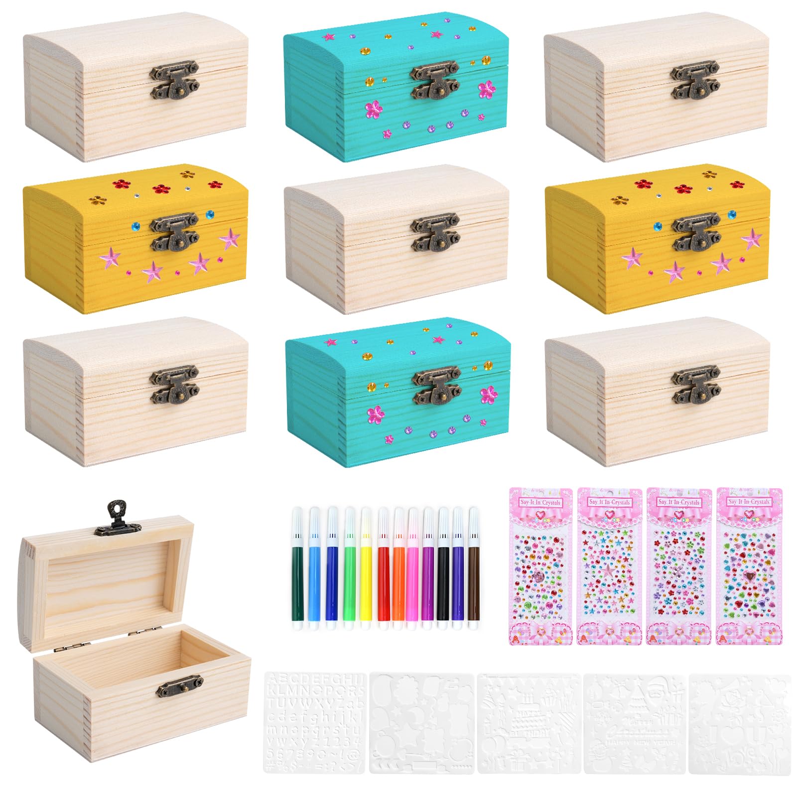 ASSRECT 10 PCS Wooden Boxes for Craft, 9x5.5x5cm Mini Treasure Chest Kids, Unfinished Wooden Treasure Boxes with Hinged Lid for DIY Crafts and Party Favor