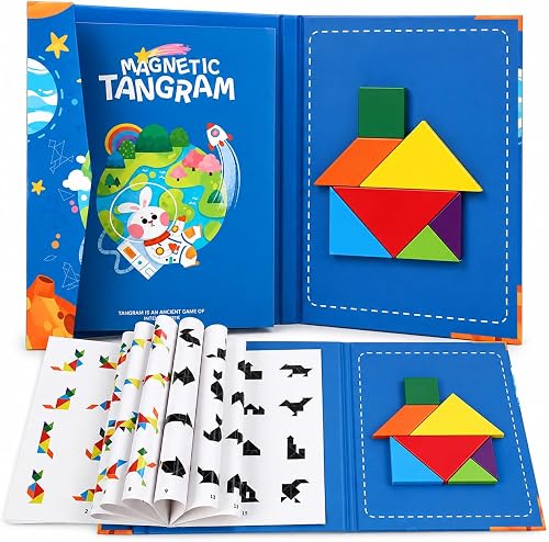 Kids Travel Magnetic Puzzle Book, Wooden Pieces, Blue | Ages 3 and Above, Solution Guide Included, Book-Style Packaging, 18 x 22 cm Size, Shape Recognition