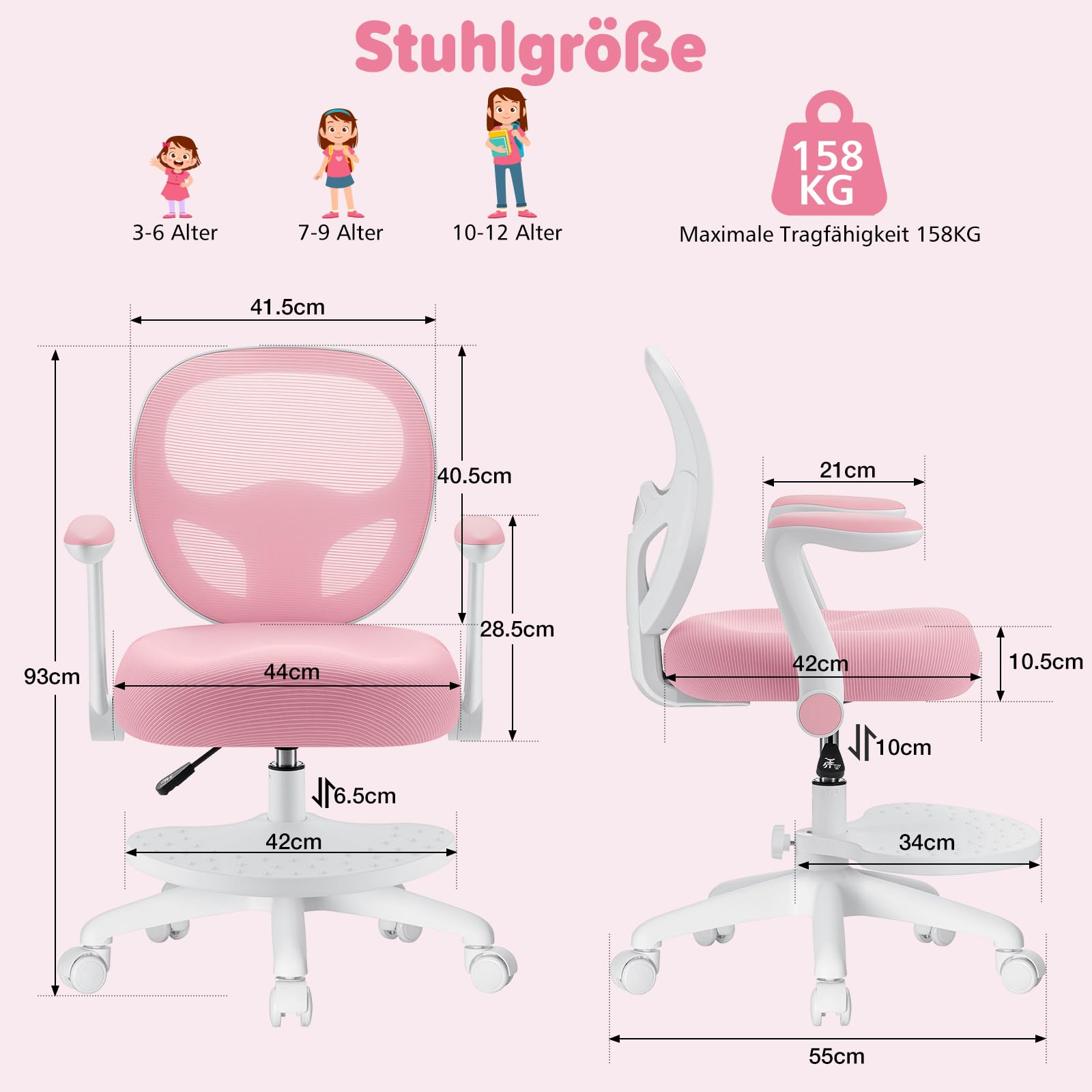HOFFREE Kinder Schreibtischstuhl Ergonomischer Lernstuhl mit Klappbarer Armlehne Fußstütze Drehbar Rosa