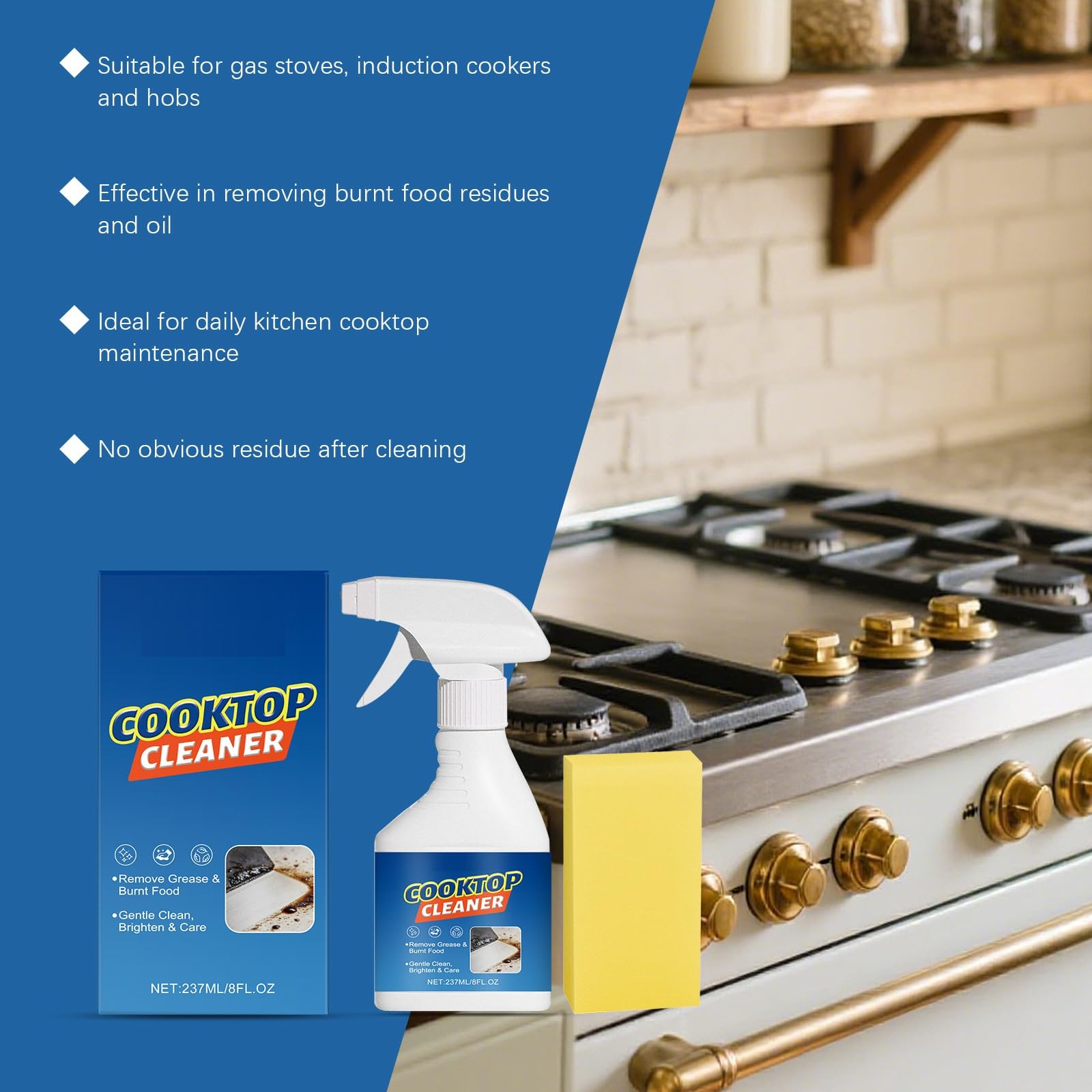 Limpiador de utensilios de cocina en aerosol Daily Kitchen Clea/ner Easy Spray Wipe Glass Stove Top Clea/ner Polish Sprays Induction Stove Top Clean/er Polish and Protector (3 unidades)