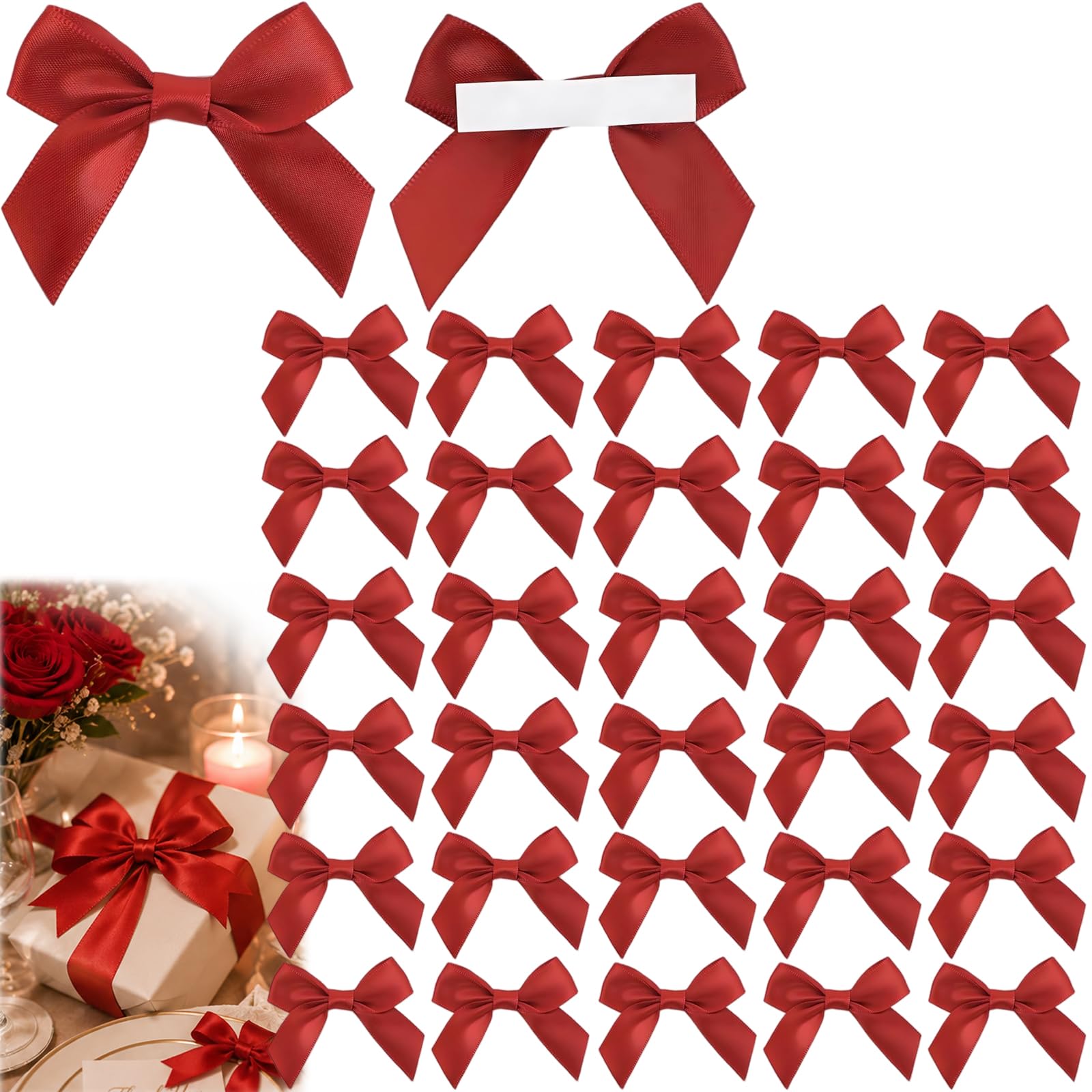 WHJYCC 30PCS Satin Ribbon Bows with Sticky Backs 6cm - Self-Adhesive Mini Bow Decorations for Gift Wrapping, DIY Crafts, Wedding Party Supplies, Bakery Boxes and Handmade Cards (Red)