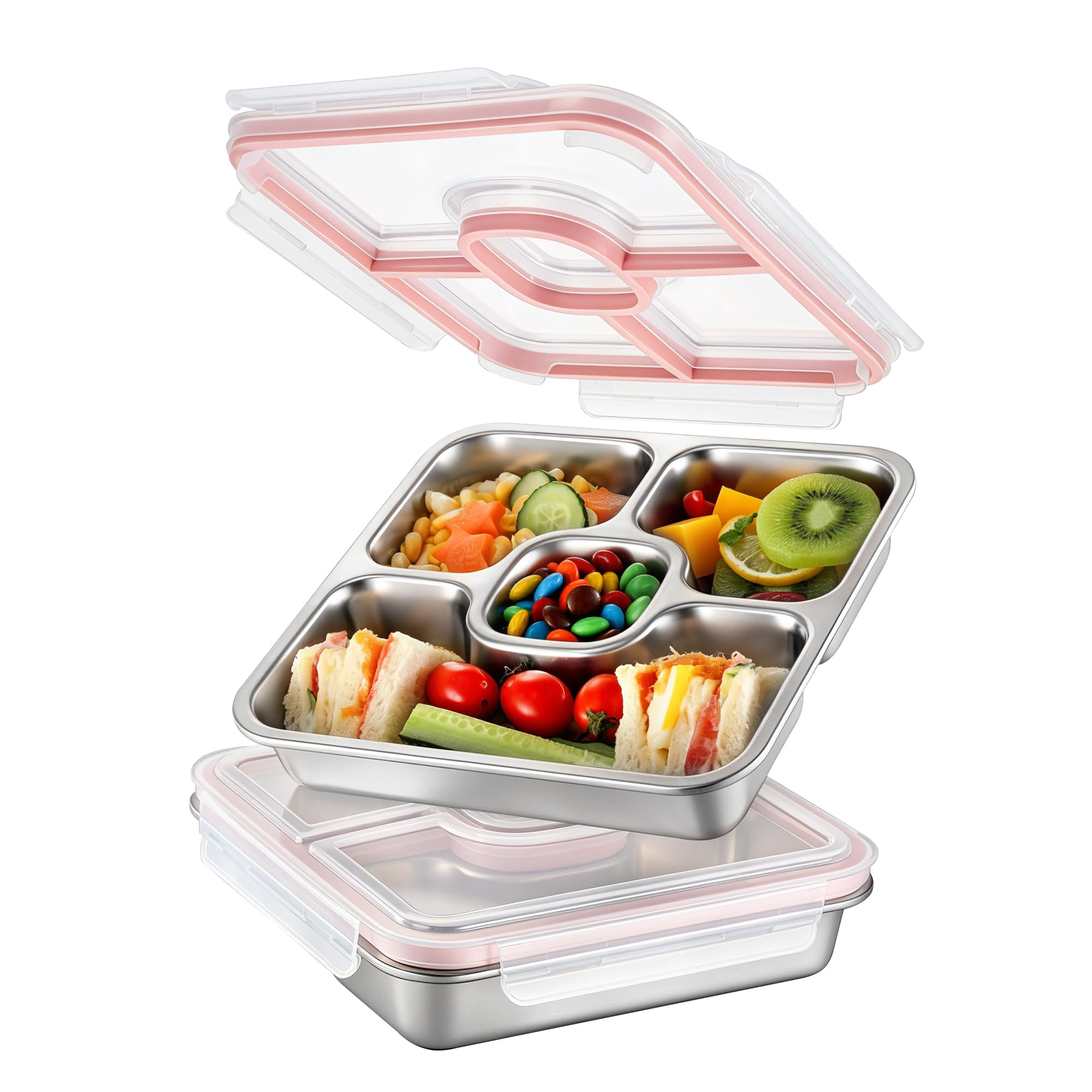 Misichao Stainless Steel Lunch Box with 4 Compartments - 800ml (Pink x 2)