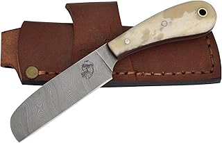 Knives Ranch Damascus Steel EDC Knife with Bone Handle Dual Carry Vertical or Horizontal Crossdraw Leather Sheath (3177-B)