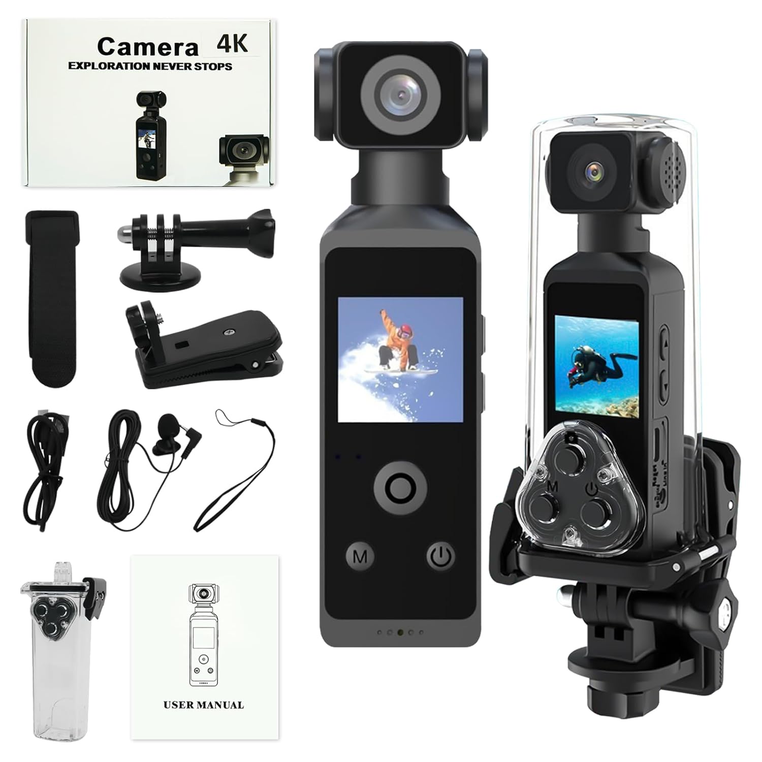 Pocket 2 – Handheld 4K Action Camera with 1.3″ CMOS Sensor, SD Card Slot, Waterproof Case, Motorcycle Mount
