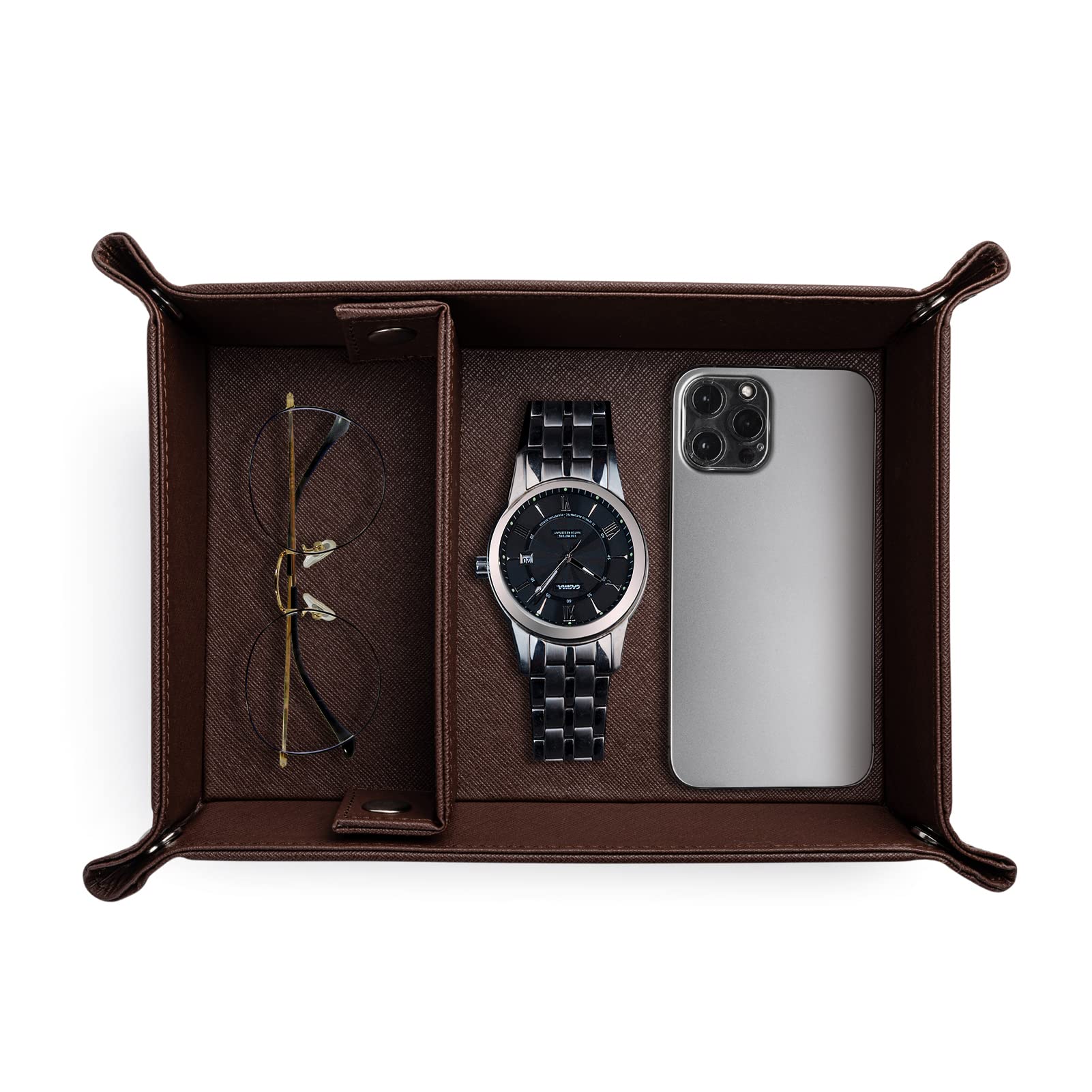 SANQIANWAN Valet Organizer for Men - Leather PU Tray With Partition for Key, Watch & Practical Storage on Table or Nightstand