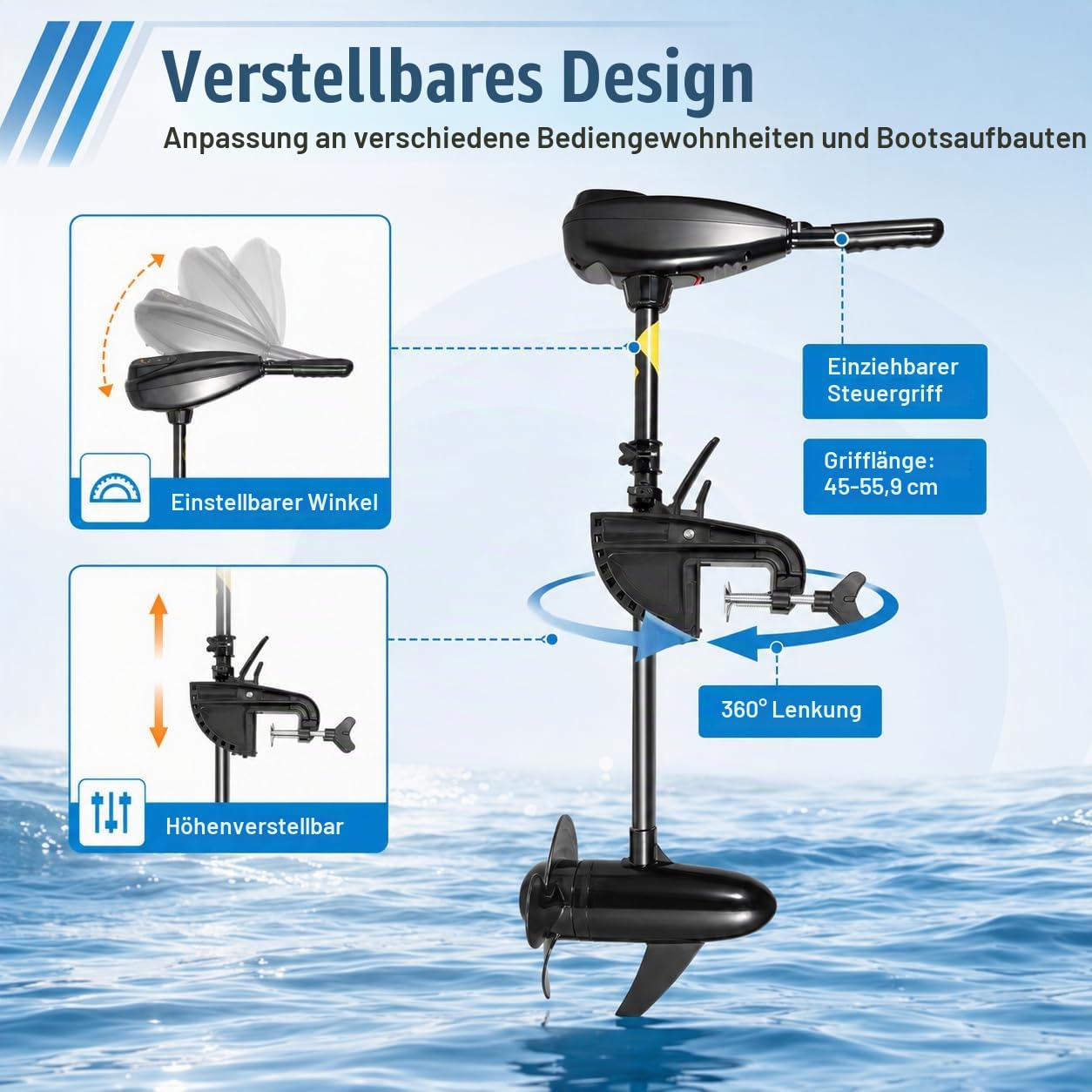 Elektro Außenborder 55 lbs, 12V, 5 Vorwärts-/3 Rückwärtsgänge | 626 W Kupfermotor | 5/3 Gänge | Batterieanzeige | Teleskopgriff 45-56 cm | Klemmhalterung | Schutzring-Propeller