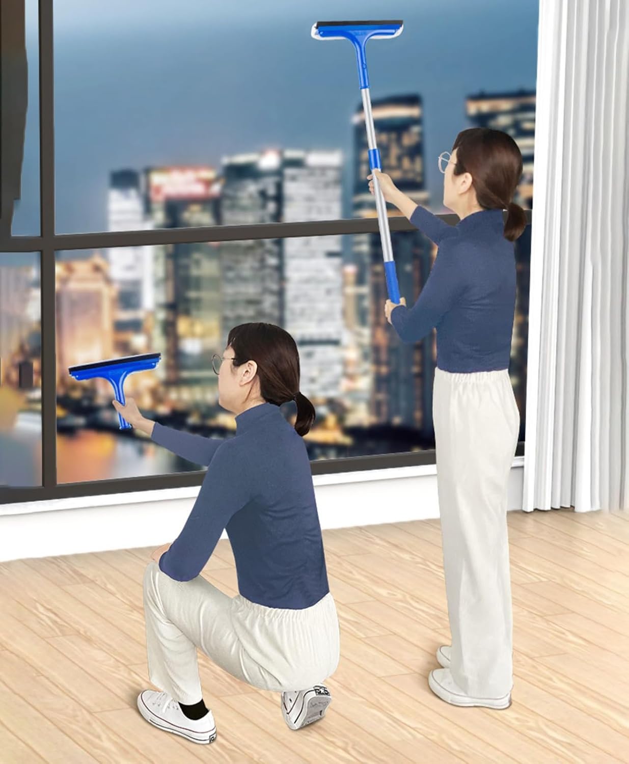 Window Squeegee with Telescoping Rod, 2 in 1 Balcony Glass Washing Equipment & Window Scrubber for Mirror/Gas Station/Sliding Door - Indoor Auto Windows Cleaner Tool