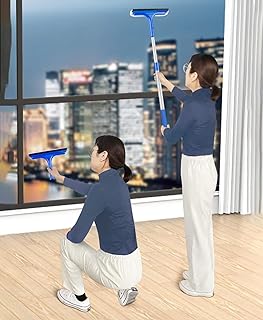 Window Squeegee with Telescoping Rod, 2 in 1 Balcony Glass Washing Equipment & Window Scrubber for Mirror/Gas Station/Sliding Door - Indoor Auto Windows Cleaner Tool