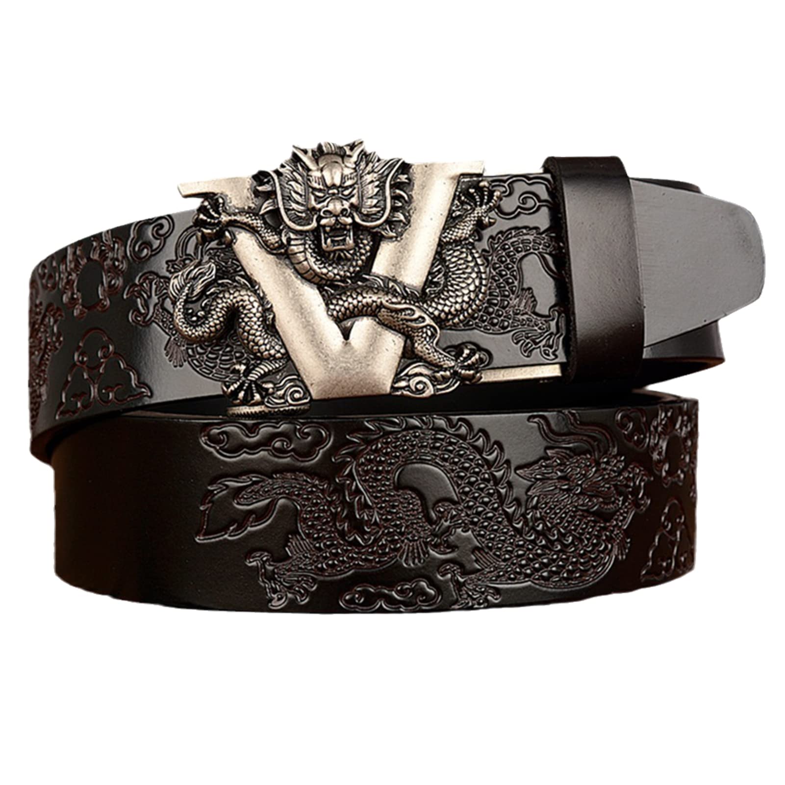 Vestido para hombre Jeans Cinturón Trinquete Automático Dragón deslizante Hebilla plateada Cuero en relieve Correas de cintura negras 1 3/8 "(35 mm)