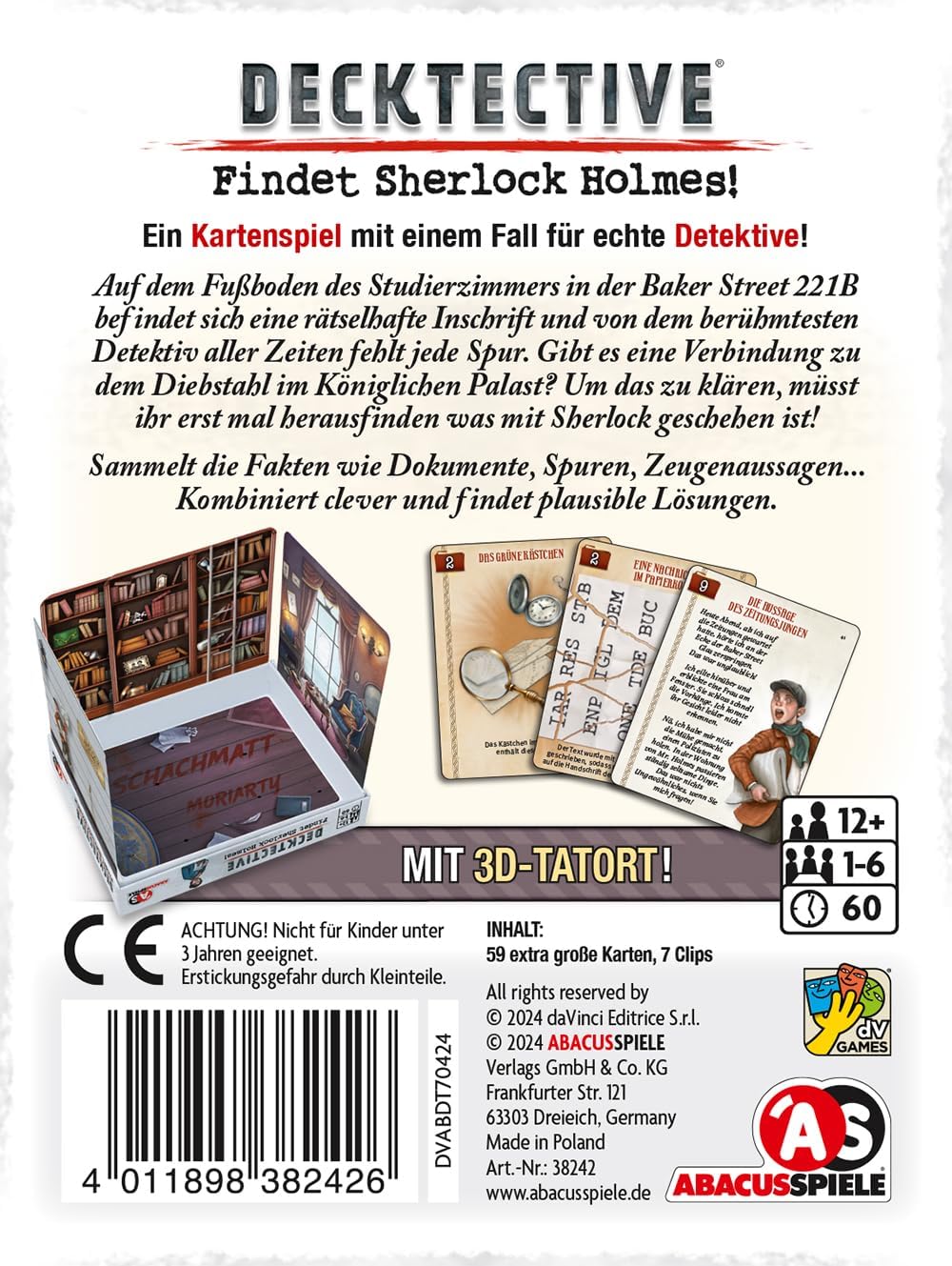 ABACUSSPIELE 38242 Decktective Finding Sherlock Holmes! Cooperative Crime Game Card Game Brown with White and Red