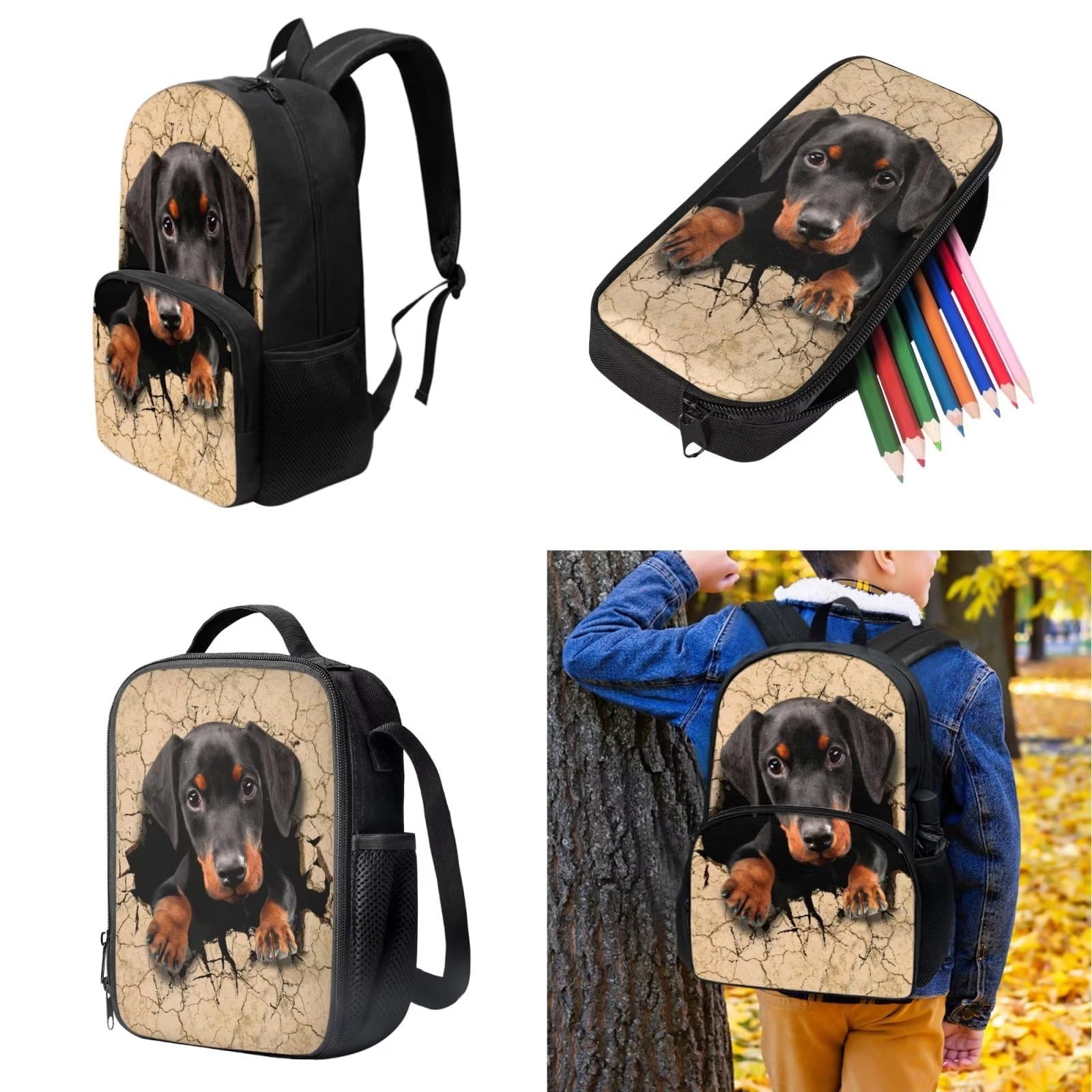 POLERO Juego de 3 bolsas escolares con impresión 3D para el almuerzo, estuche para lápices, Salchicha negra, Talla única, Mochila infantil