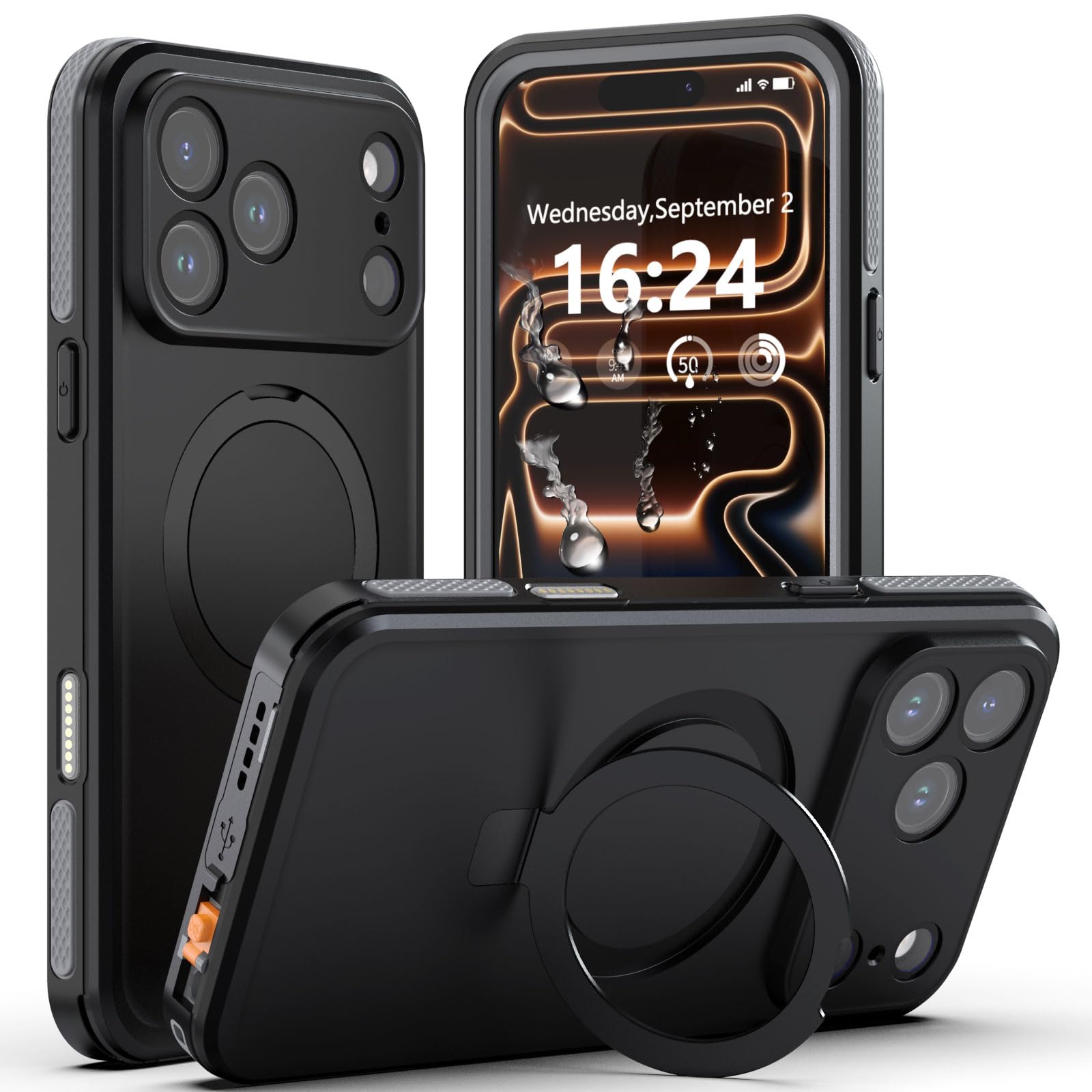 【防水・スタンド機能・MagSafe対応】UMITTOS iPhone 17 Pro Max 用 ケース 防水 衝撃吸収 全面保護 防雪 防塵 水中撮影対応 顔認証対応 滑り止め 手持ちやすい 頑丈 耐衝撃 ストラップ付き 雨の日、お風呂など適用 防水ケース(6.9インチ)